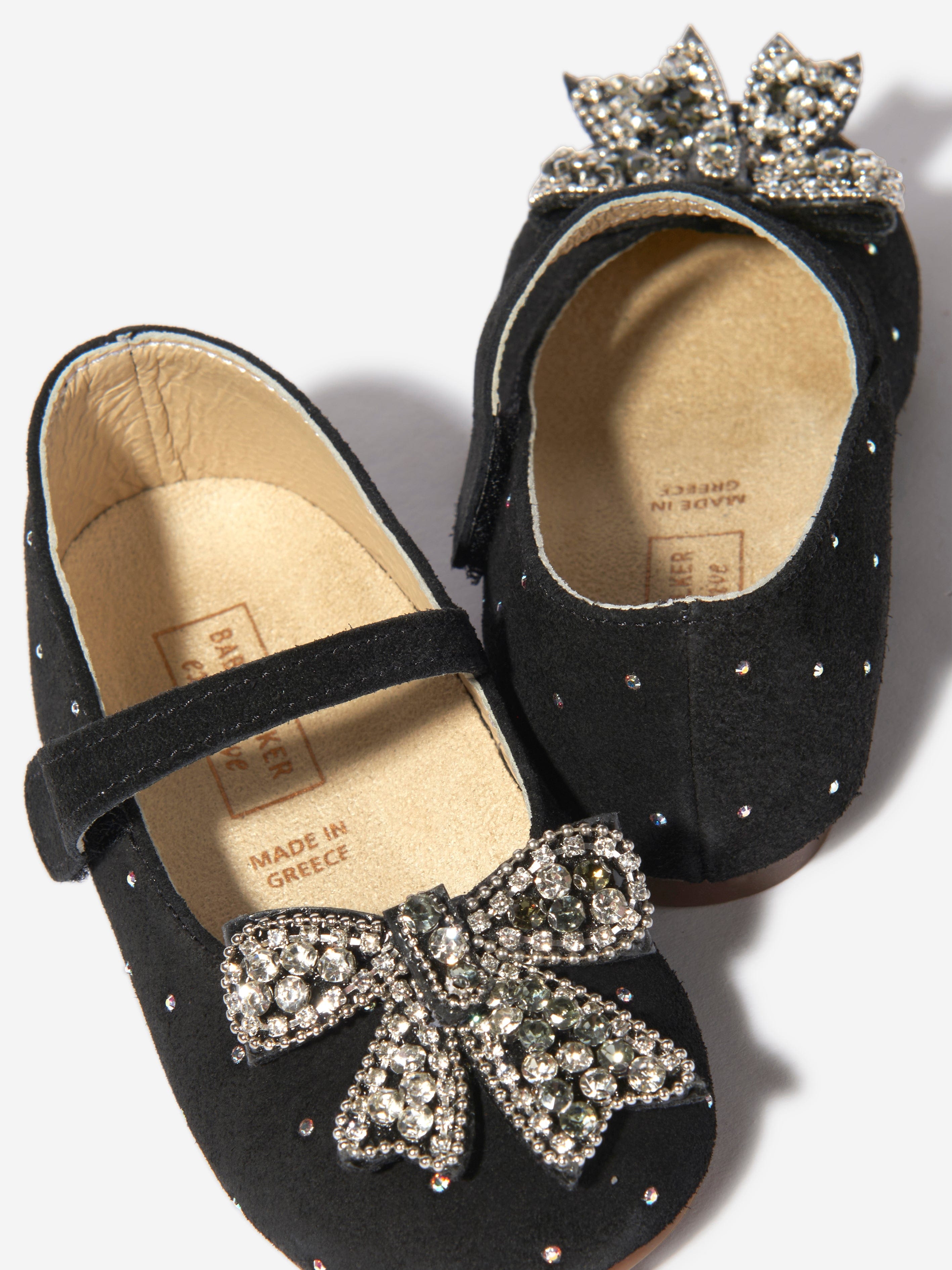 BABYWALKER Girls Suede Swarovski Bow Ballerinas in Black