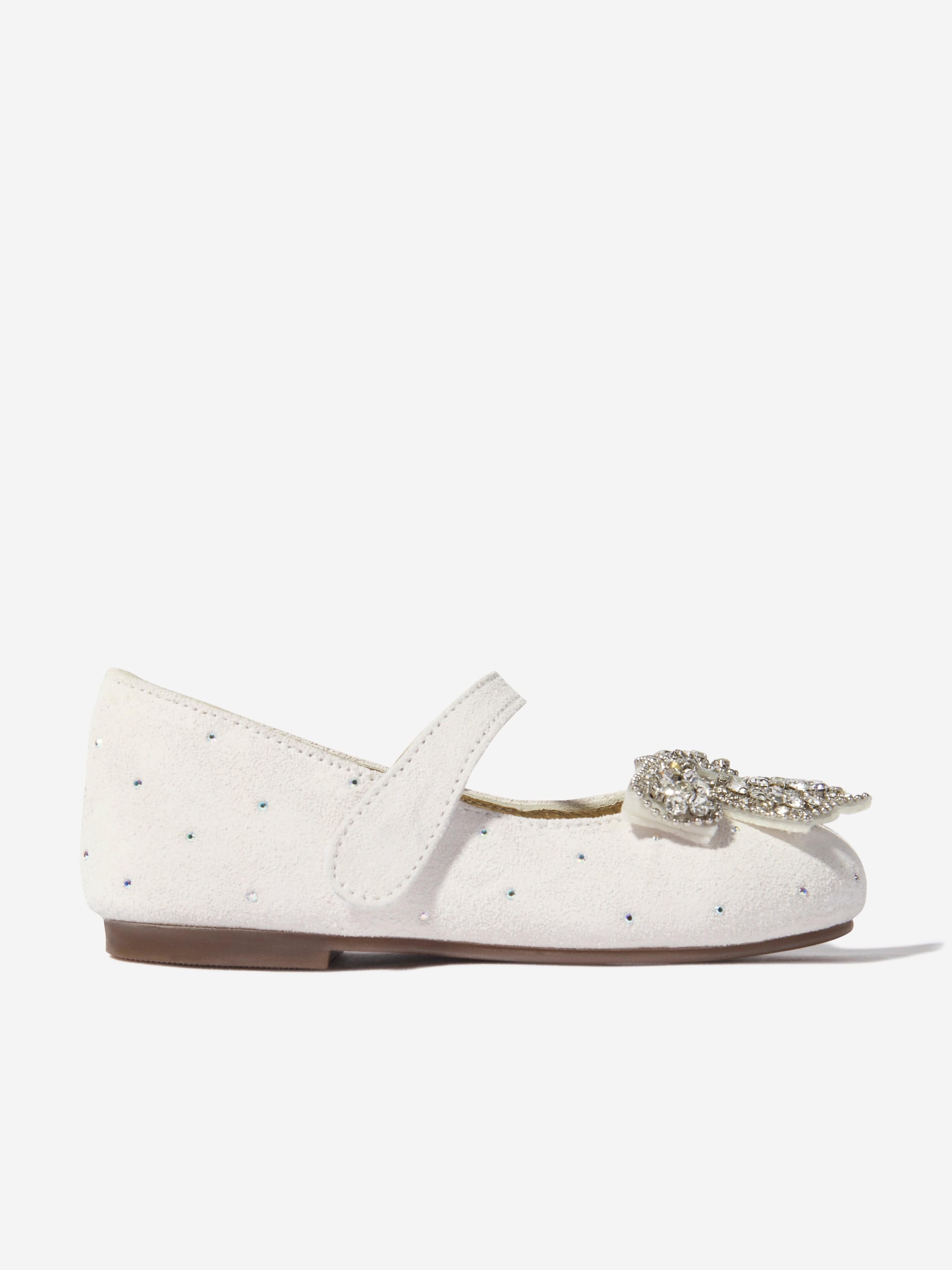 BABYWALKER Girls Suede Swarovski Bow Ballerinas in White