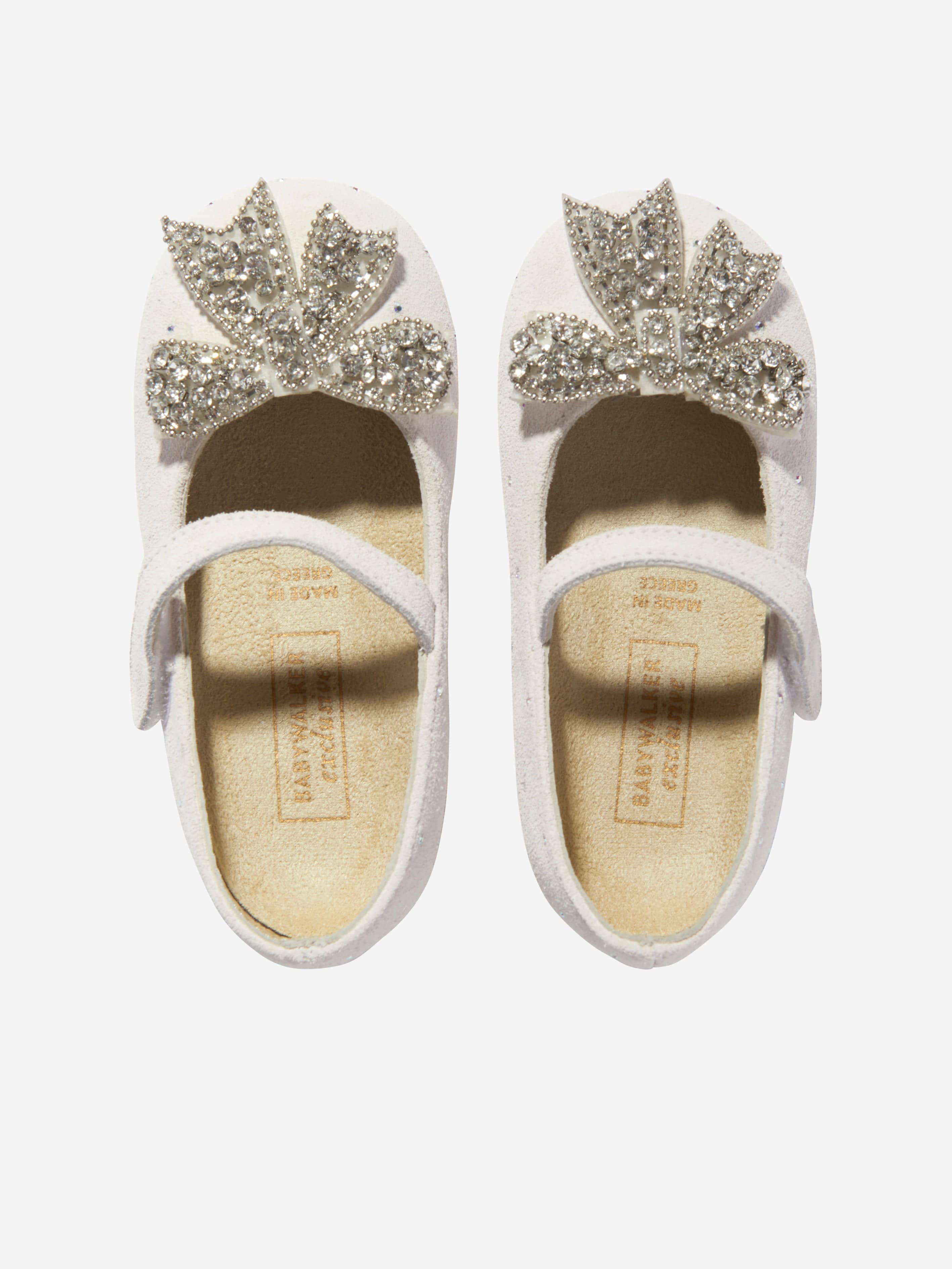 BABYWALKER Girls Suede Swarovski Bow Ballerinas in White