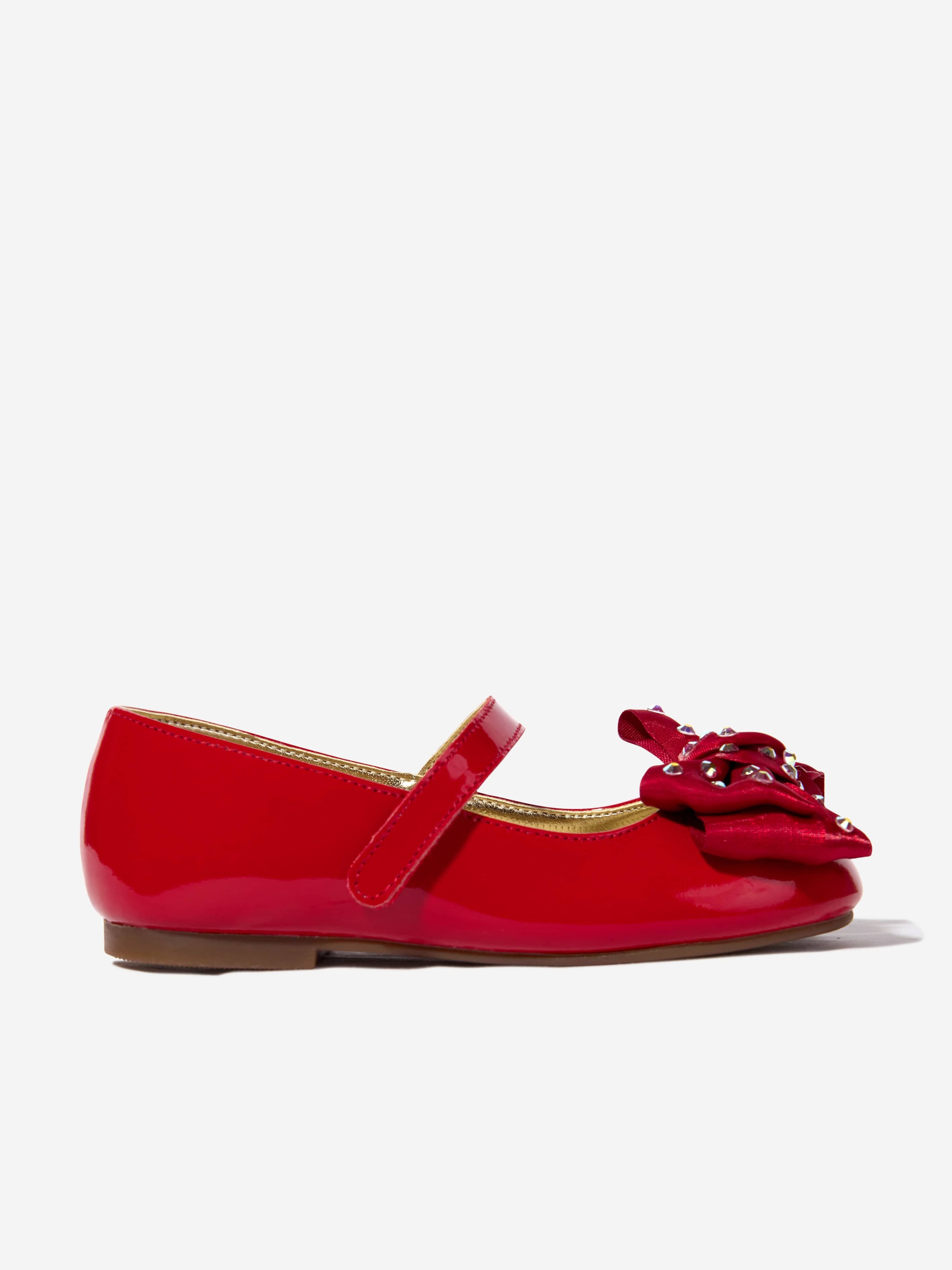BABYWALKER Girls Patent Swarovski Crystals Bow Ballerinas in Red