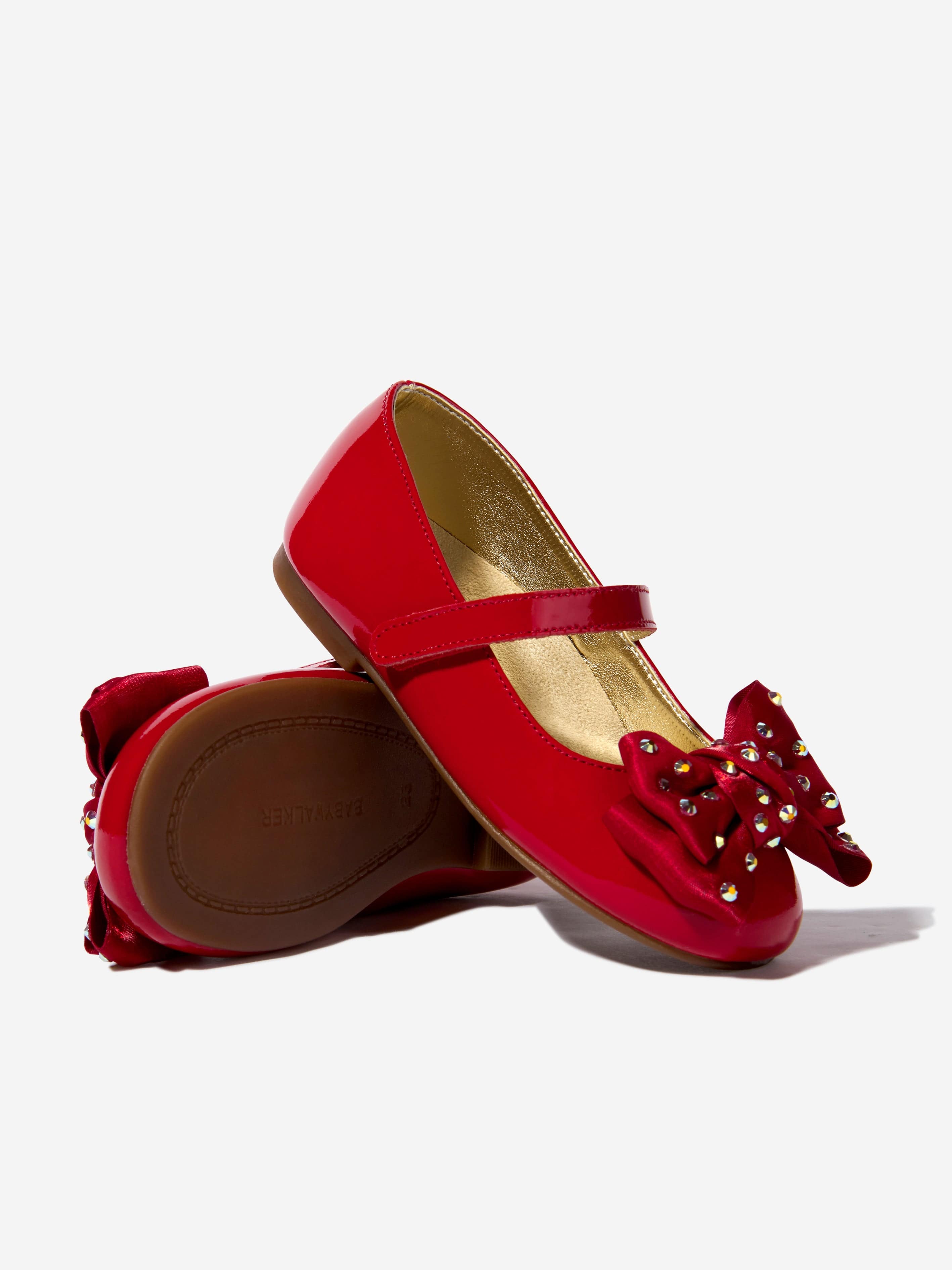 BABYWALKER Girls Patent Swarovski Crystals Bow Ballerinas in Red