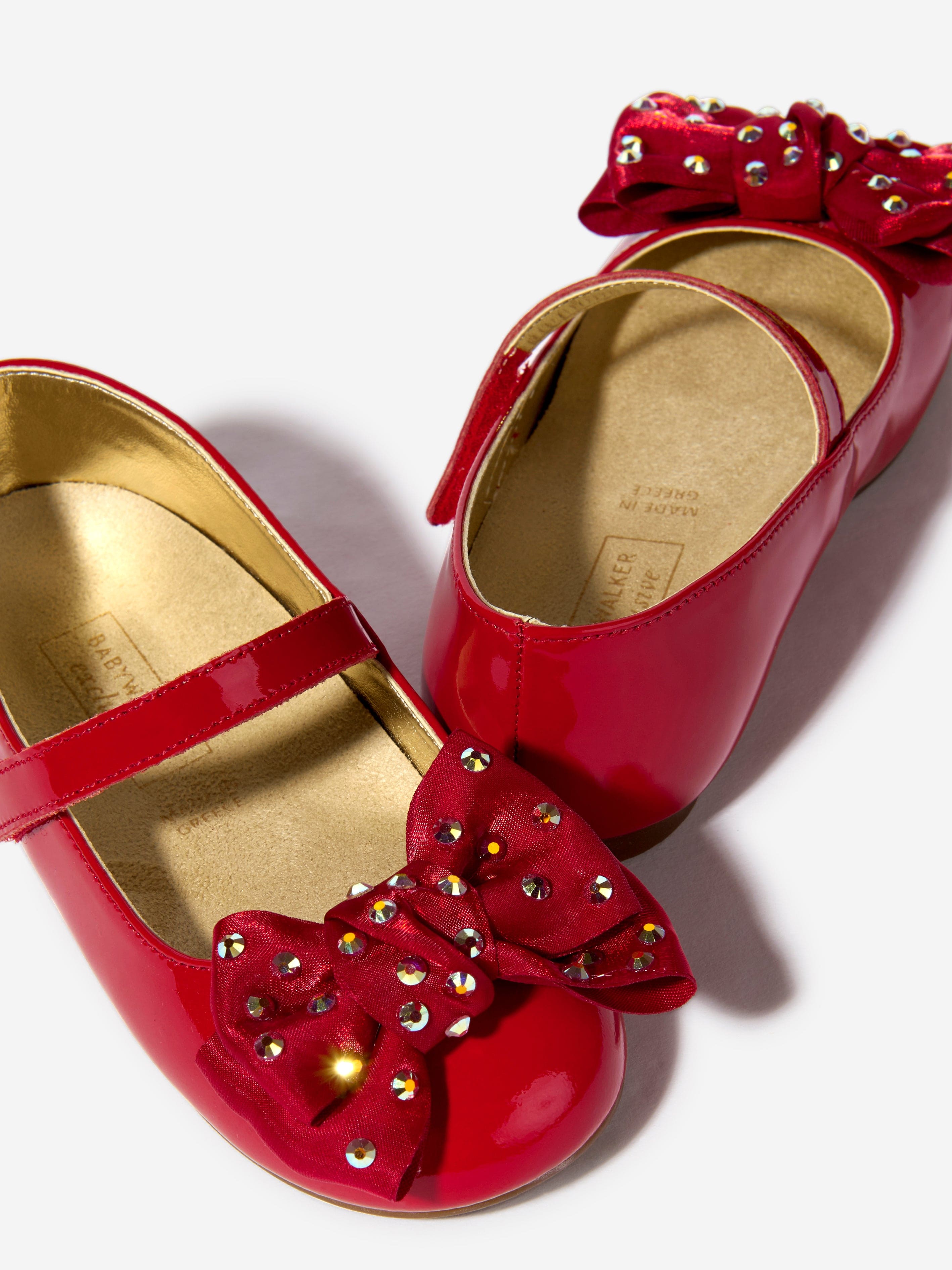 BABYWALKER Girls Patent Swarovski Crystals Bow Ballerinas in Red