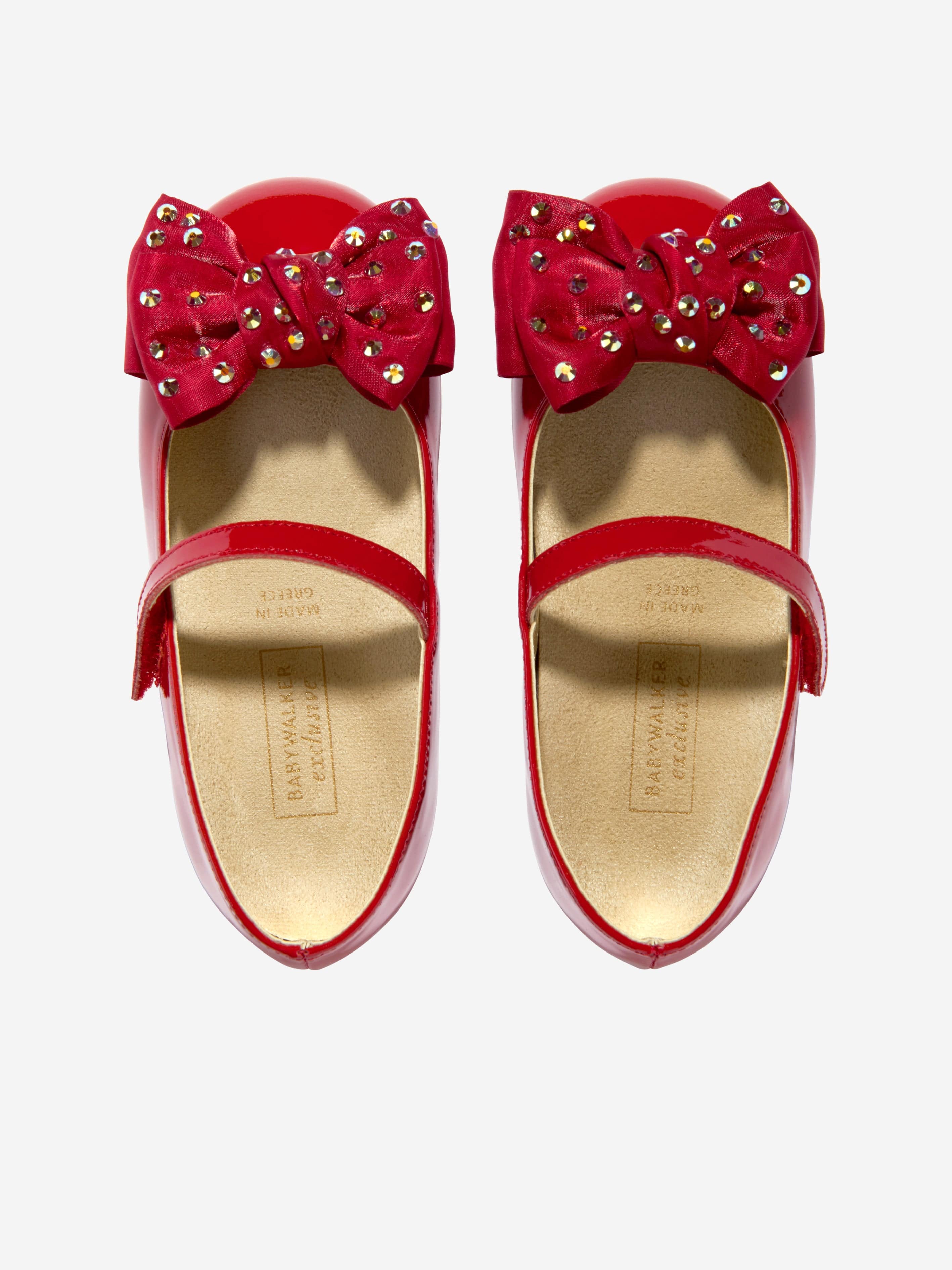 BABYWALKER Girls Patent Swarovski Crystals Bow Ballerinas in Red