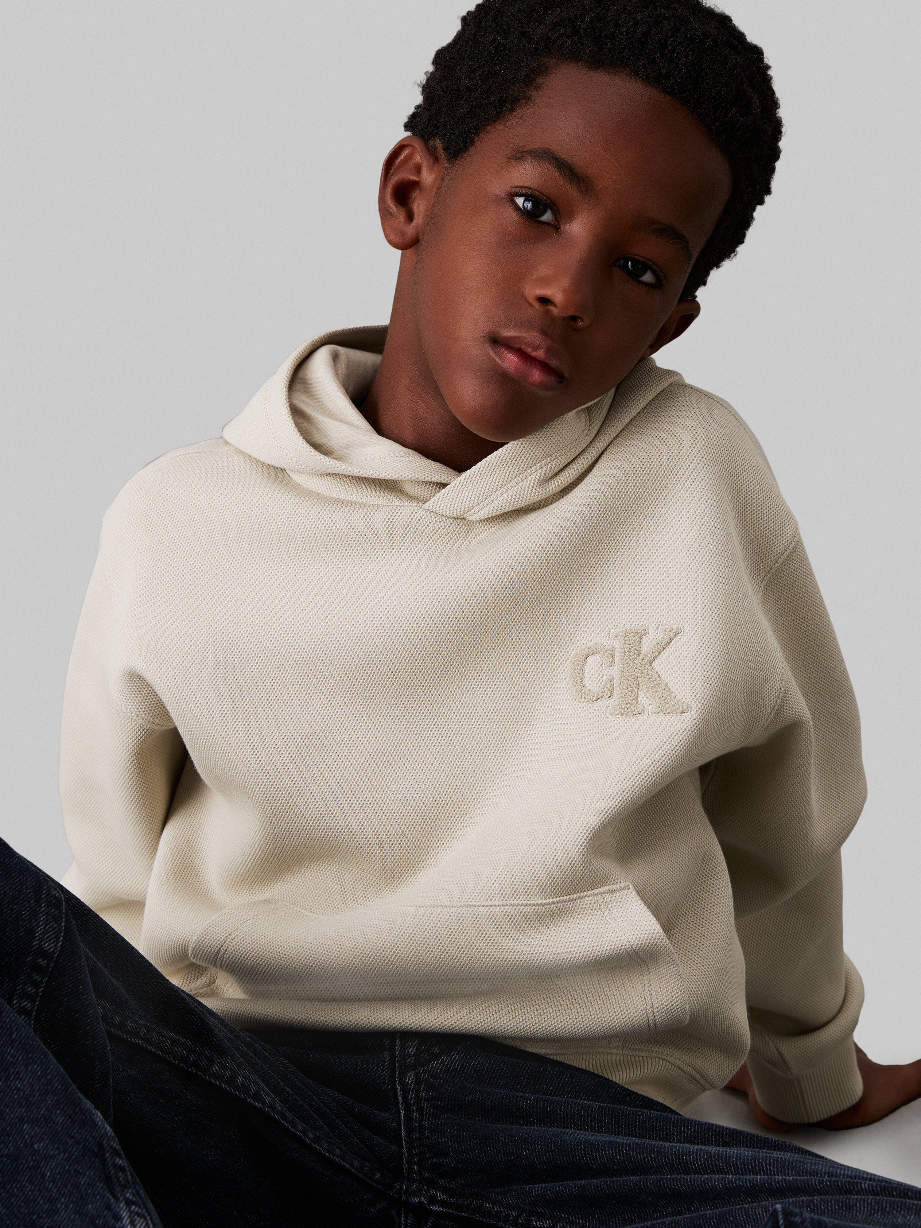 Calvin Klein Boys Bonded Pique Towel Mono Hoodie in Beige