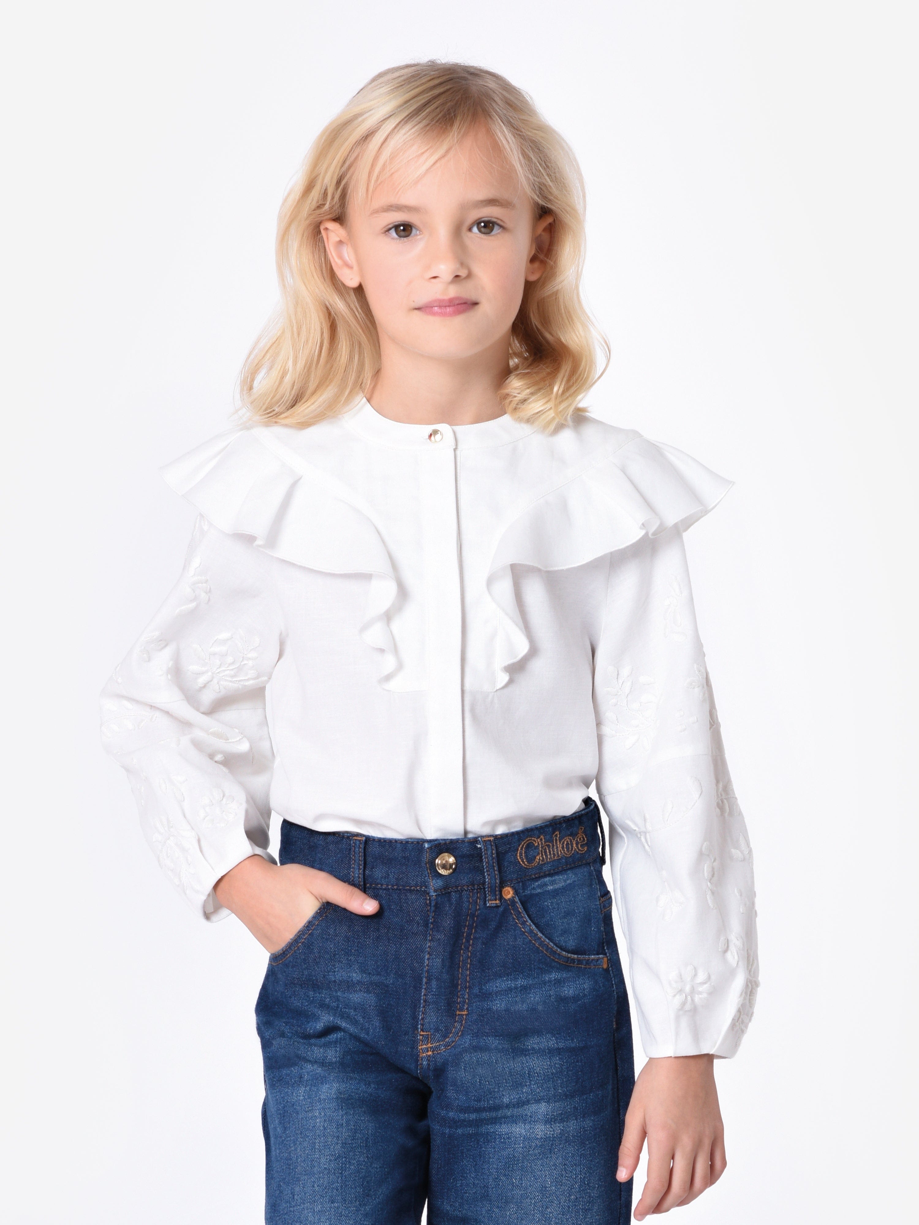 Chloé Girls Embroidered Ruffle Blouse in Ivory