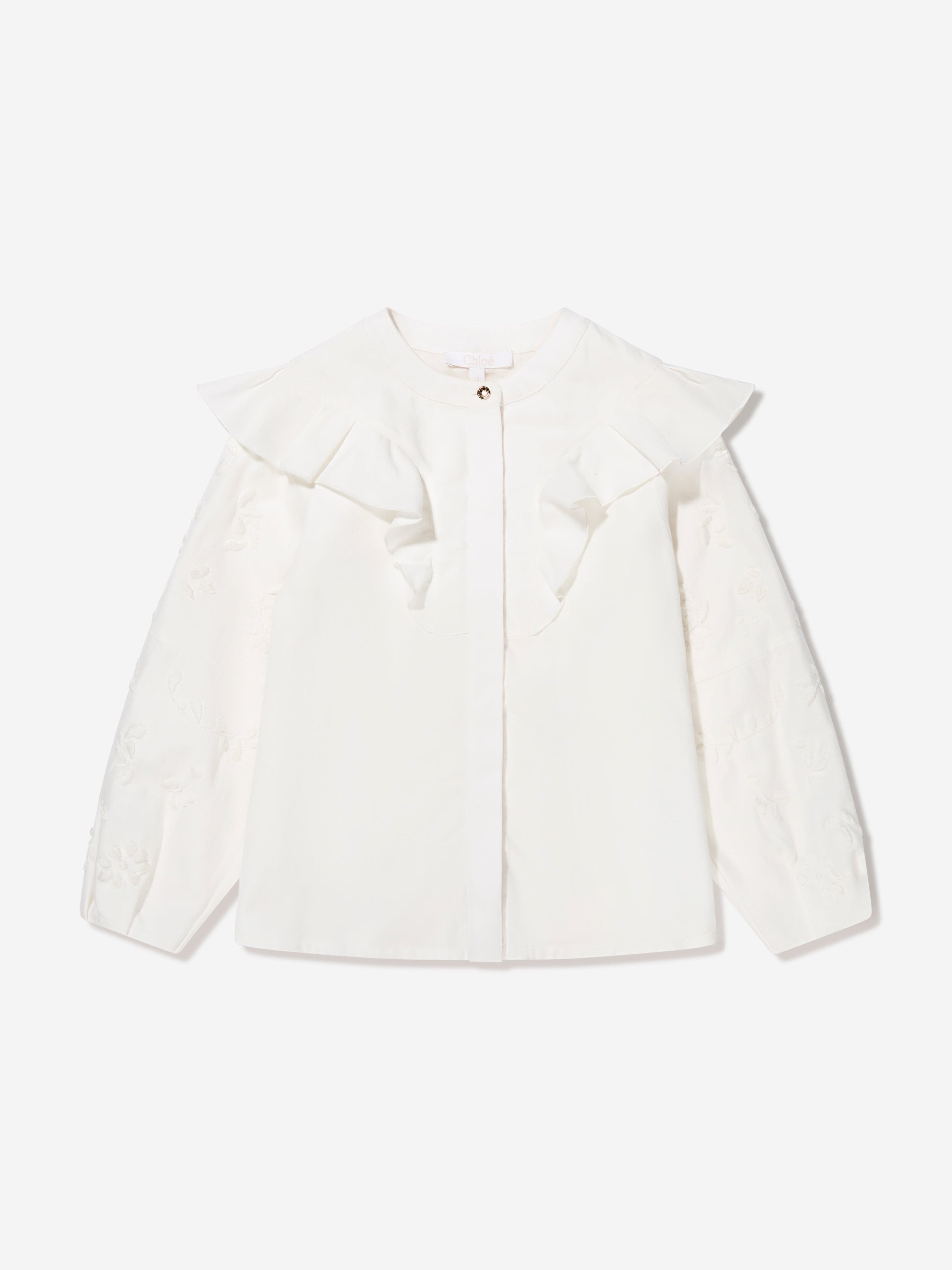 Chloé Girls Embroidered Ruffle Blouse in Ivory