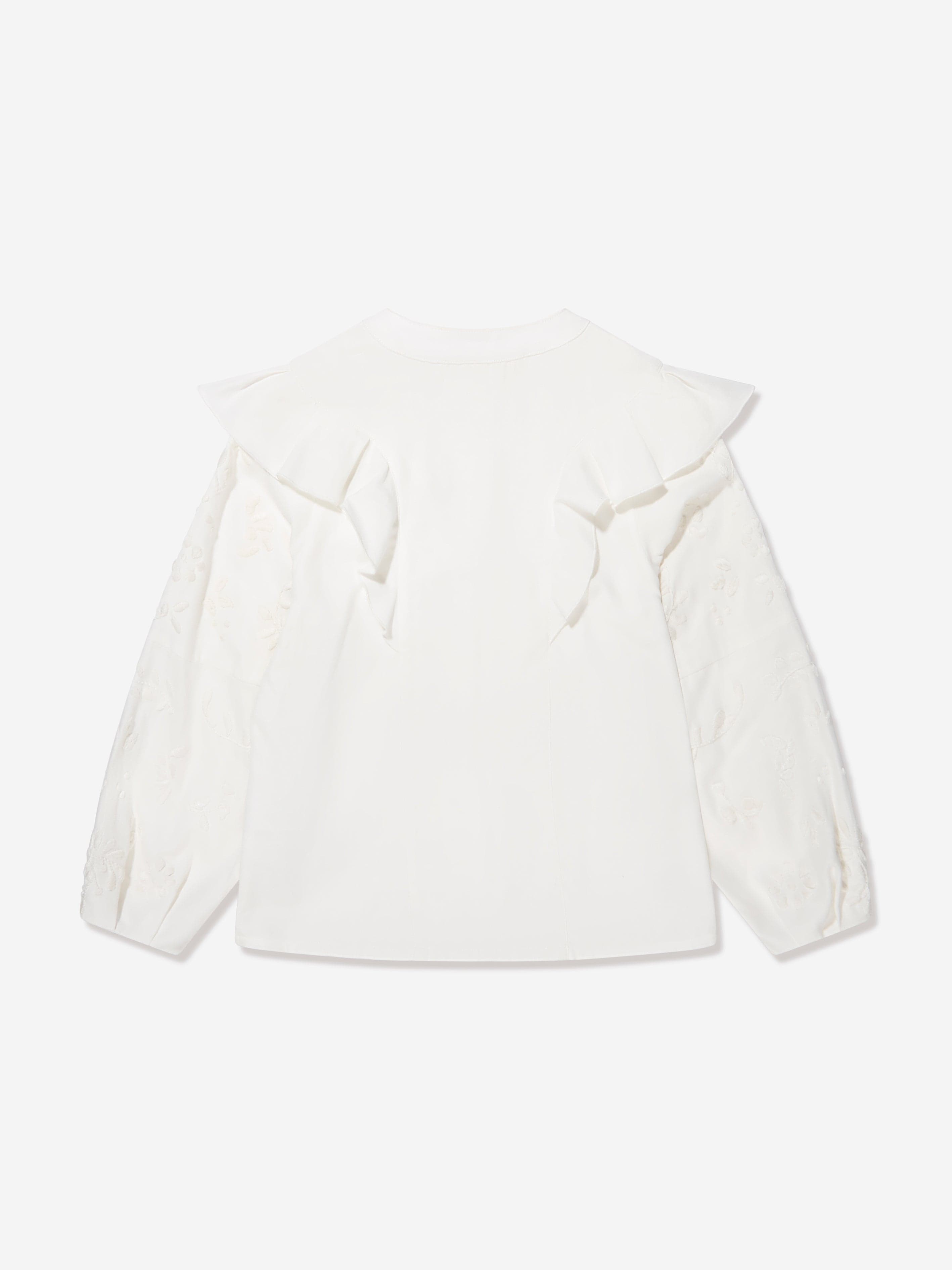 Chloé Girls Embroidered Ruffle Blouse in Ivory