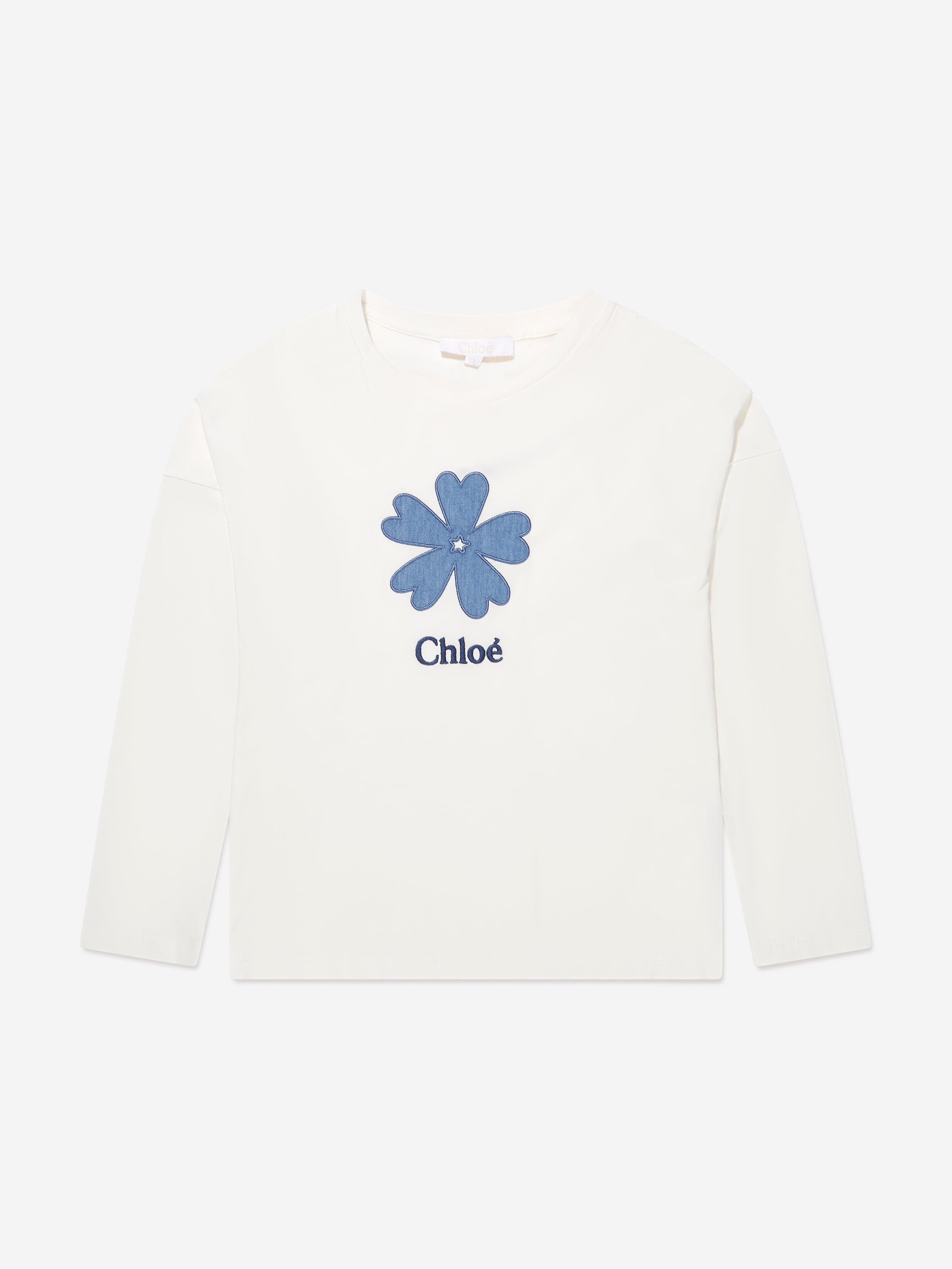 Chloé Girls Long Sleeve Flower T-Shirt in Ivory