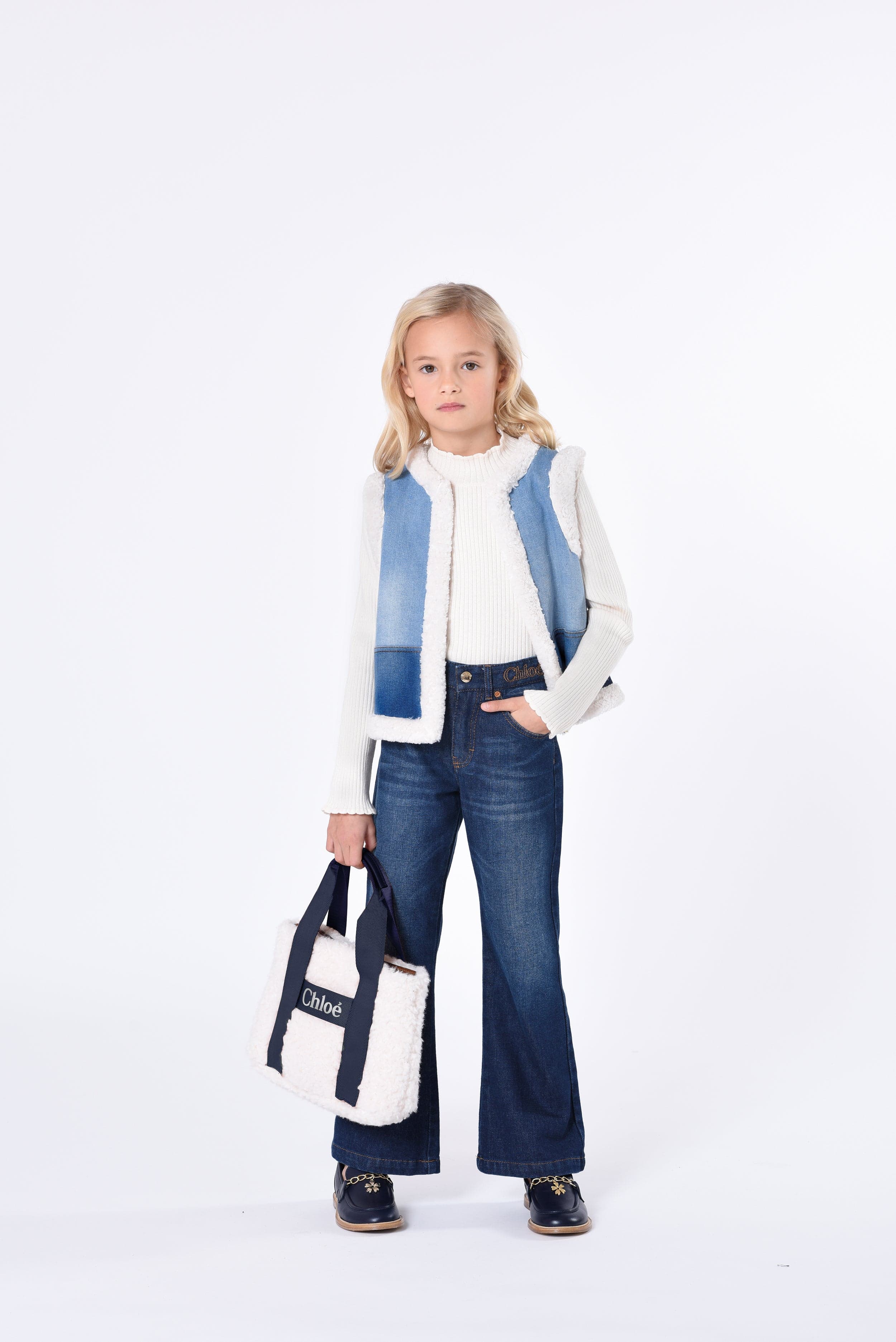 Chloé Girls Denim And Fleece Waistcoat in Blue