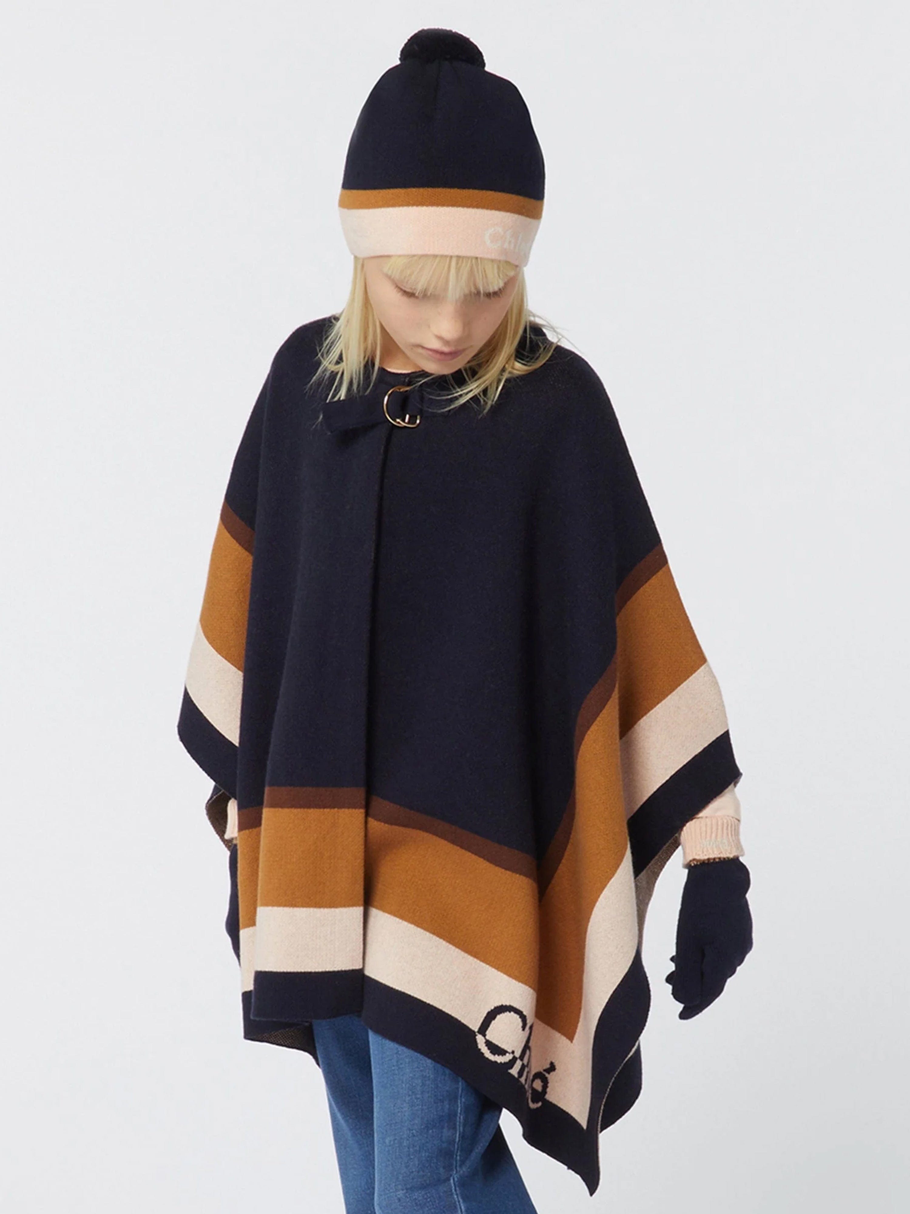 Chloé Girls Knitted Cape in Navy