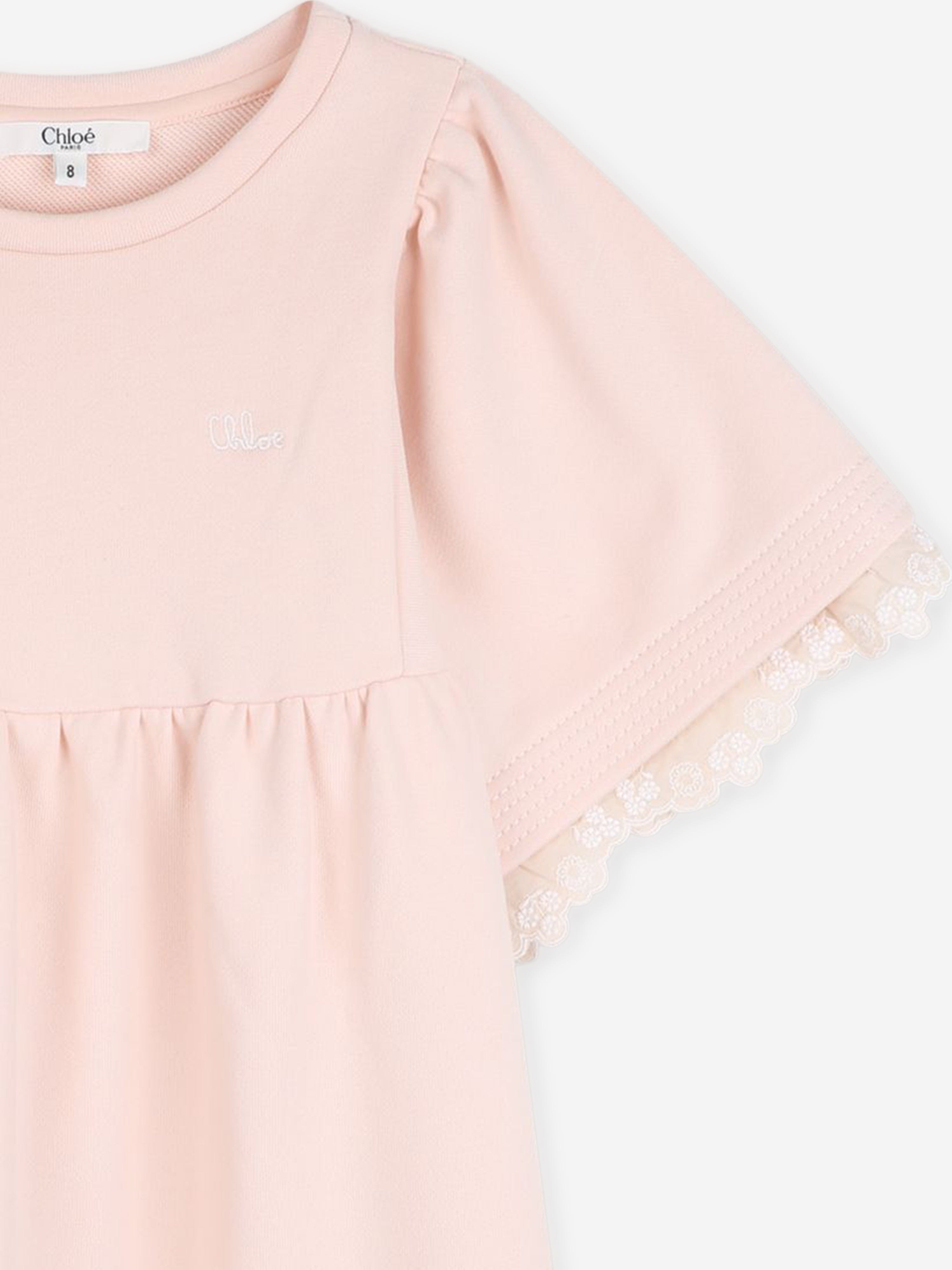 Chloé Girls Embroidered Flutter Sleeve Dress in Pink