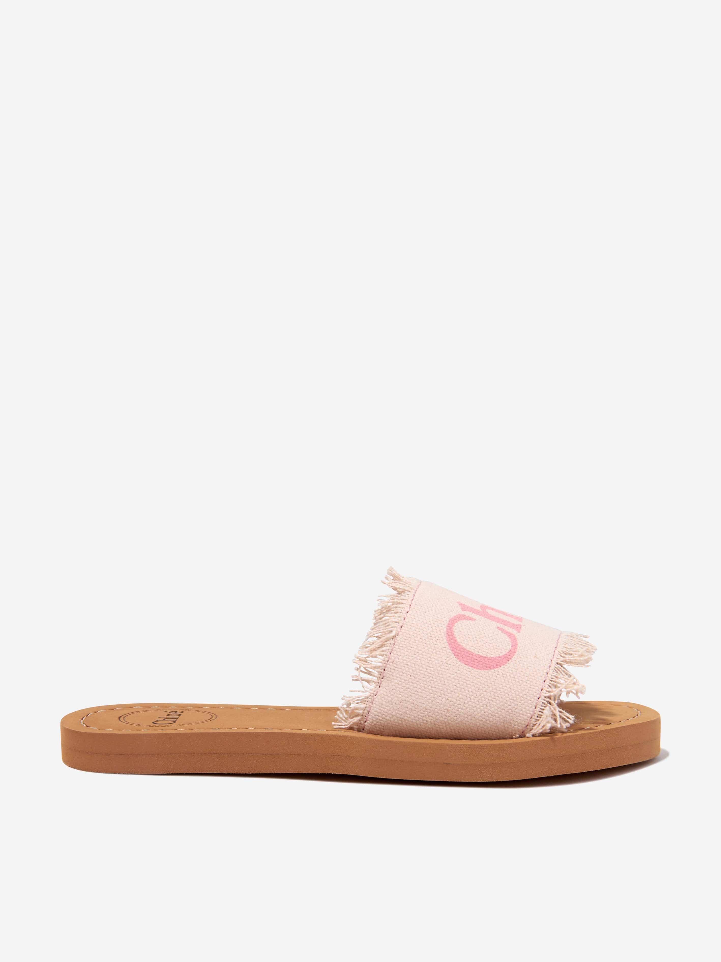 Chloé Girls Fringed Textile Sliders in Pink