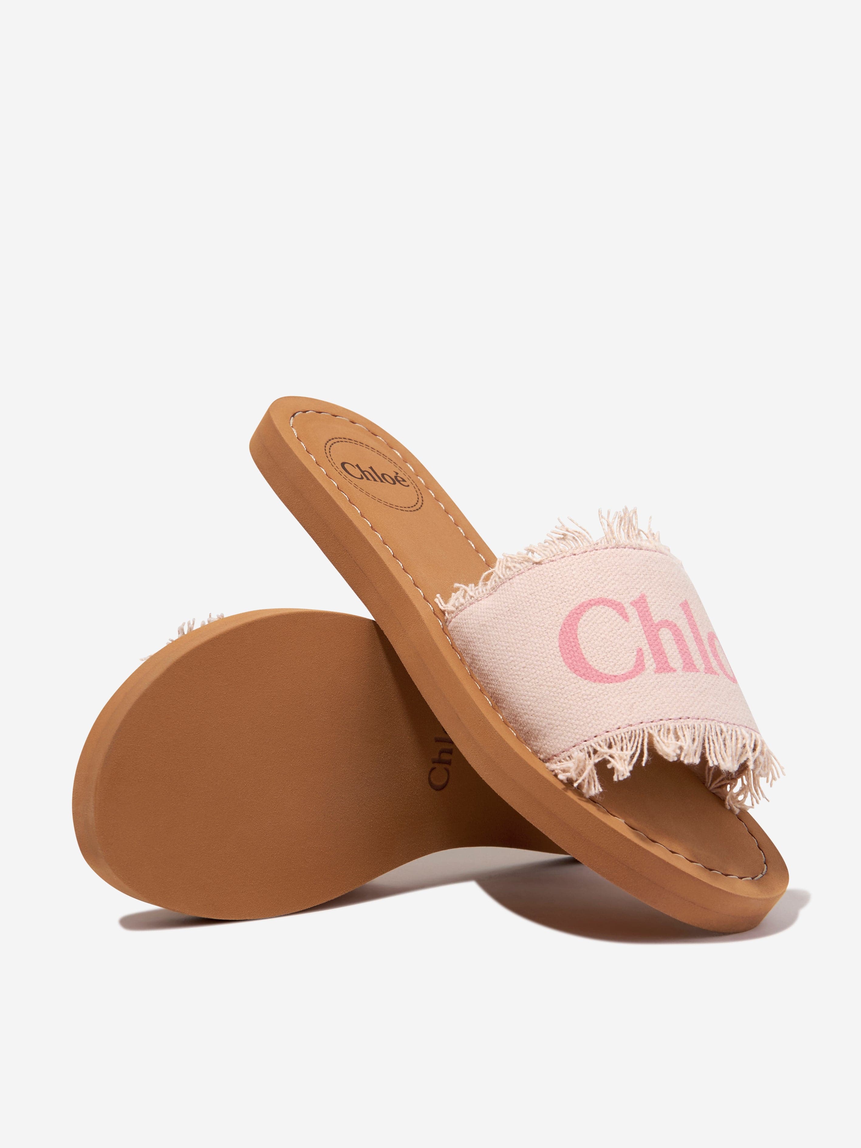 Chloé Girls Fringed Textile Sliders in Pink