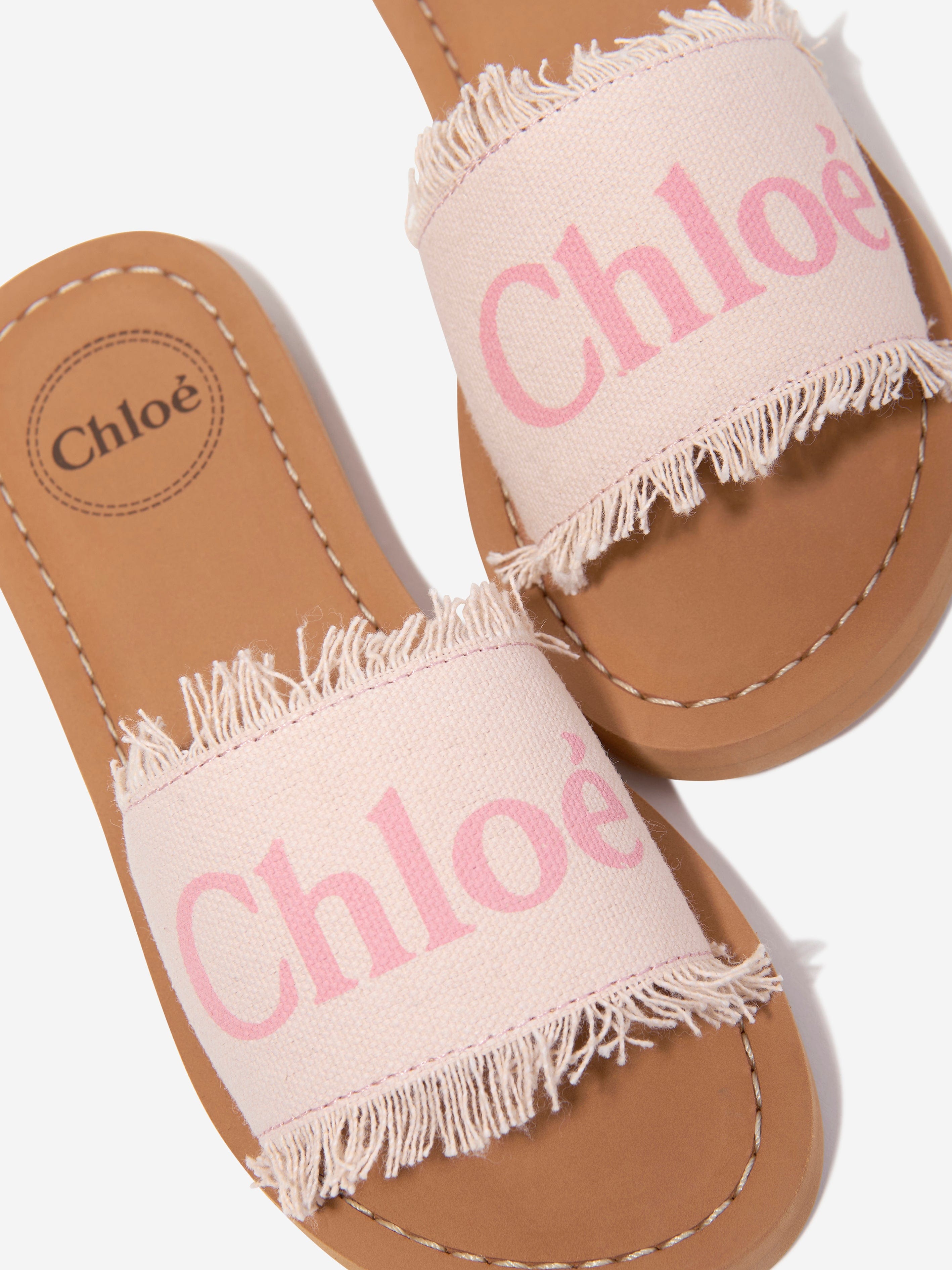 Chloé Girls Fringed Textile Sliders in Pink