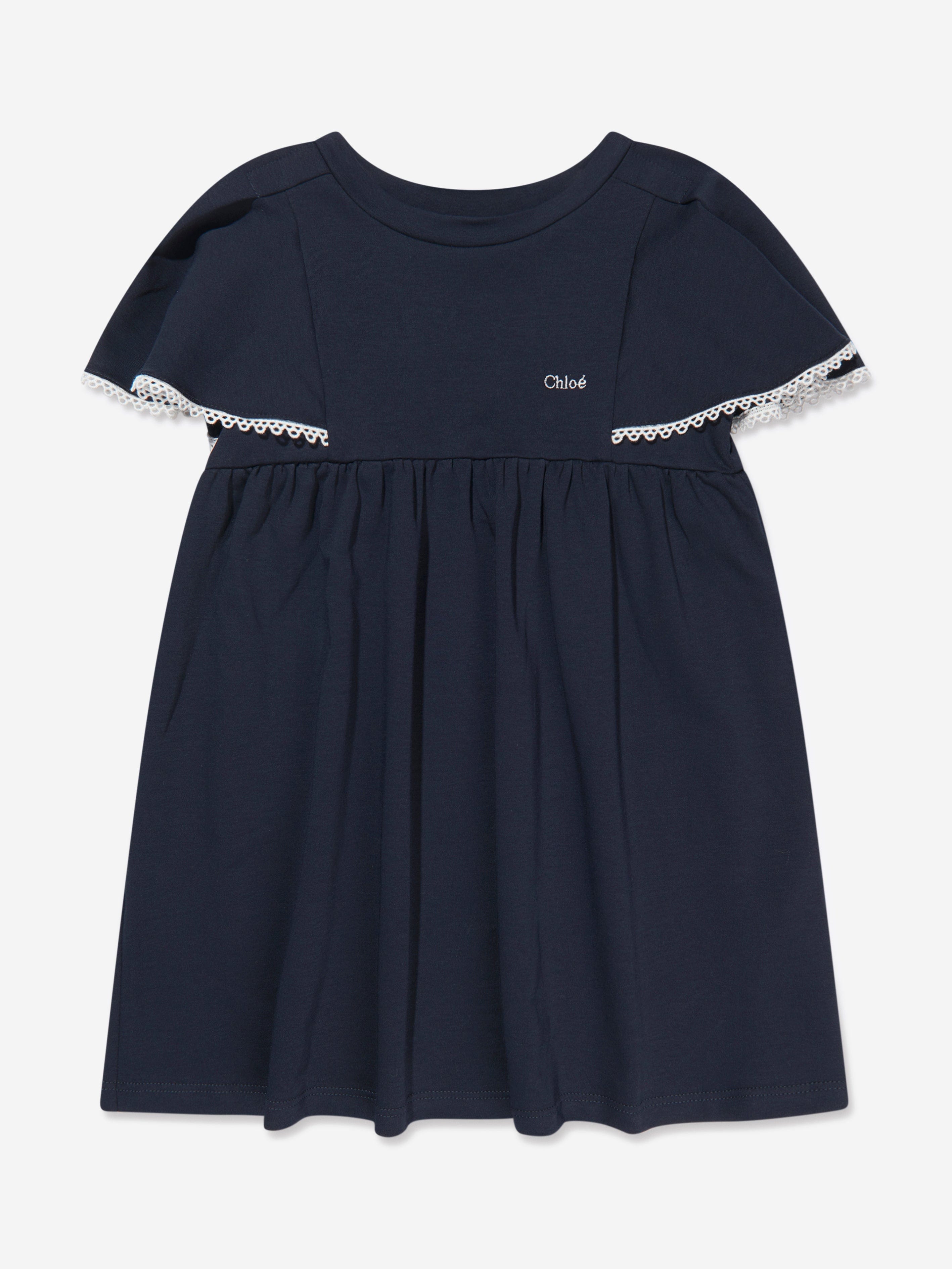 Chloé Girls Organic Cotton Flutter Sleeve Dress in Navy