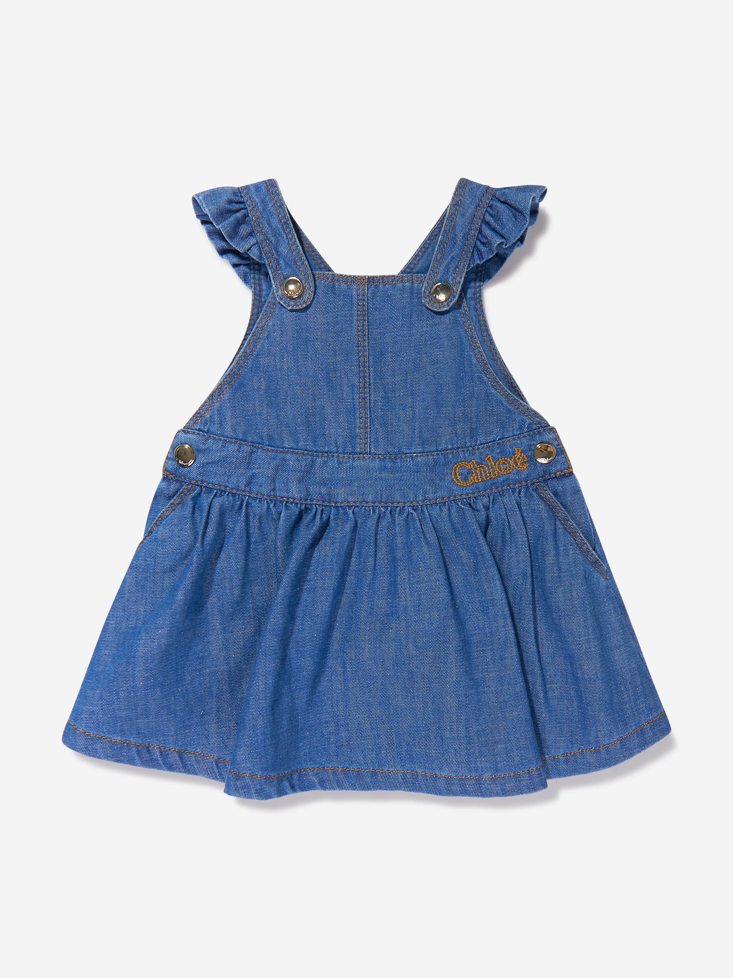 Chloé Baby Girls Organic Cotton Denim Dungaree Dress in Blue