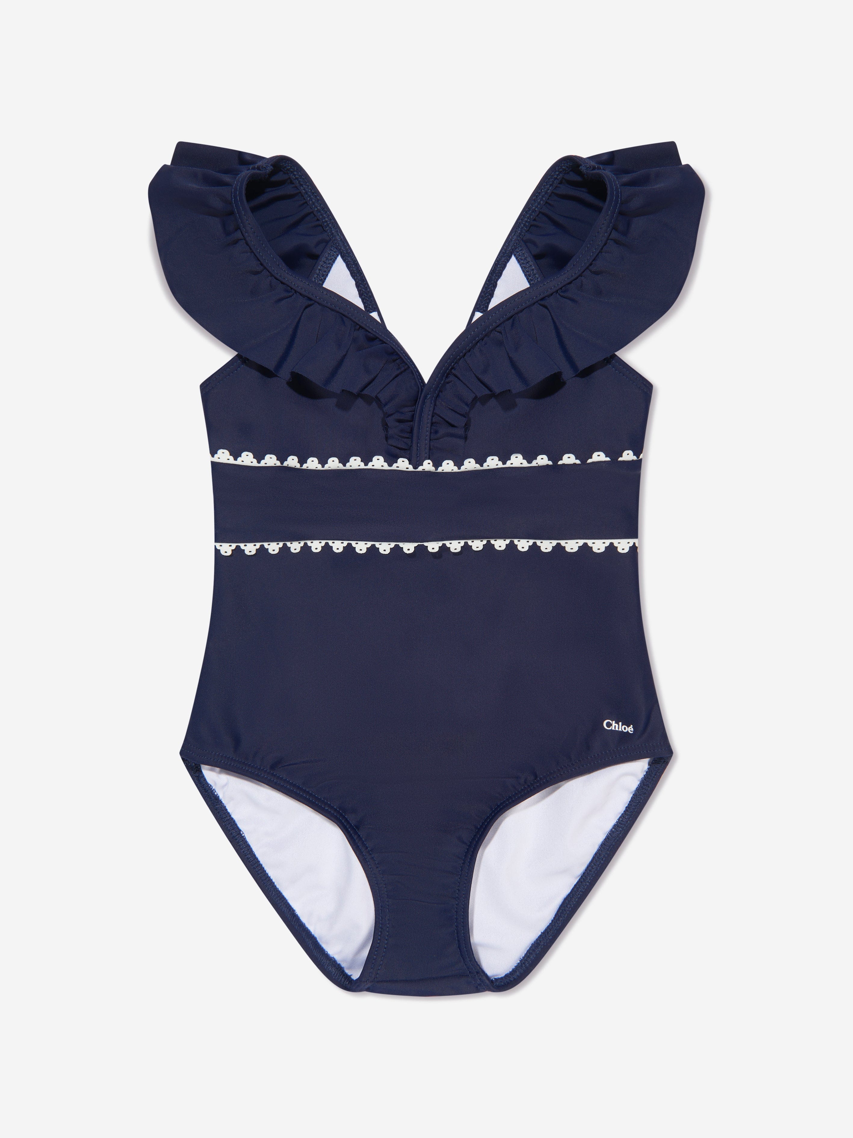 Chloé Girls Ruffle Swimming Costume in Navy