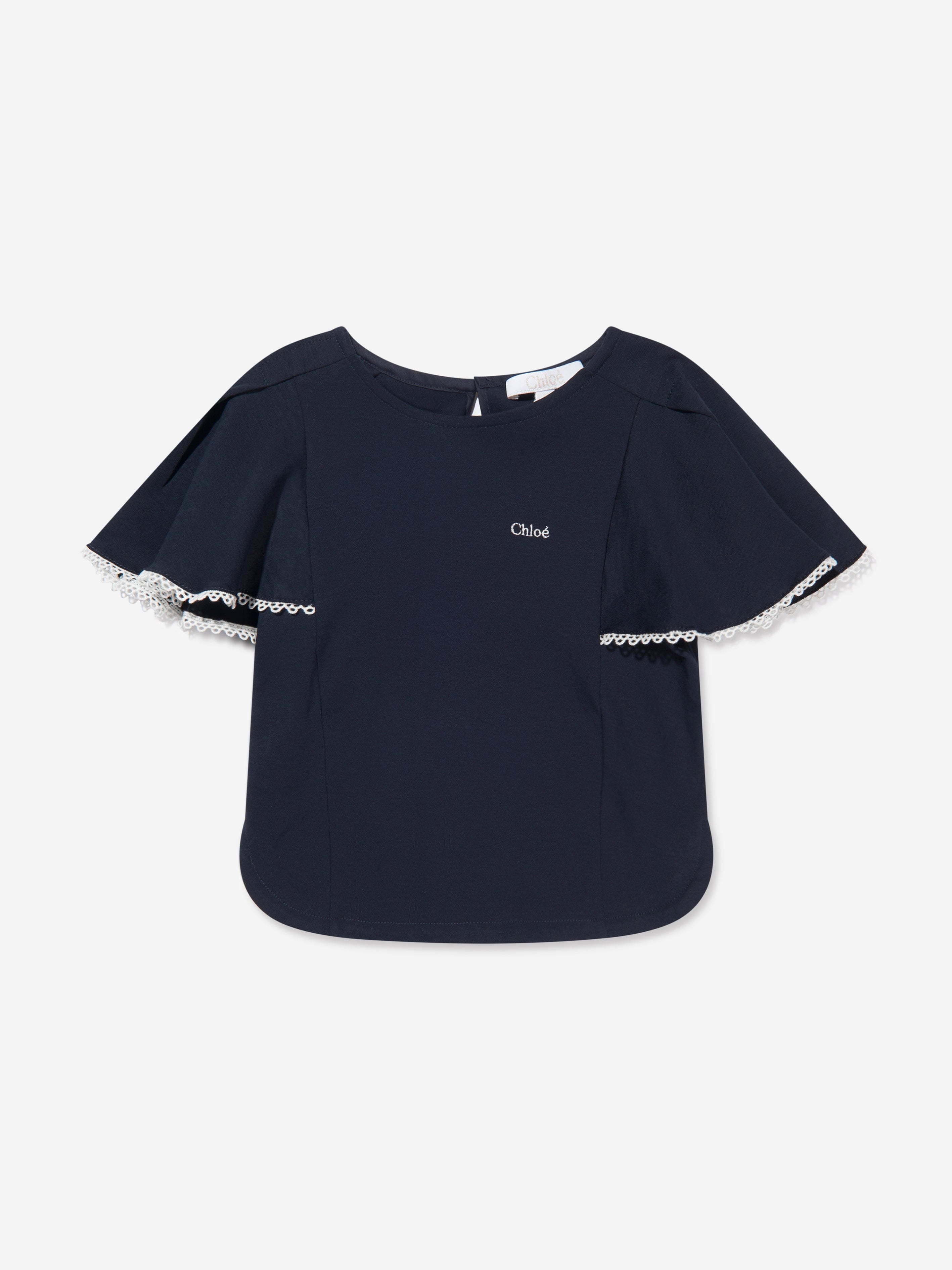 Chloé Girls Organic Cotton Flutter Sleeve T-Shirt in Navy