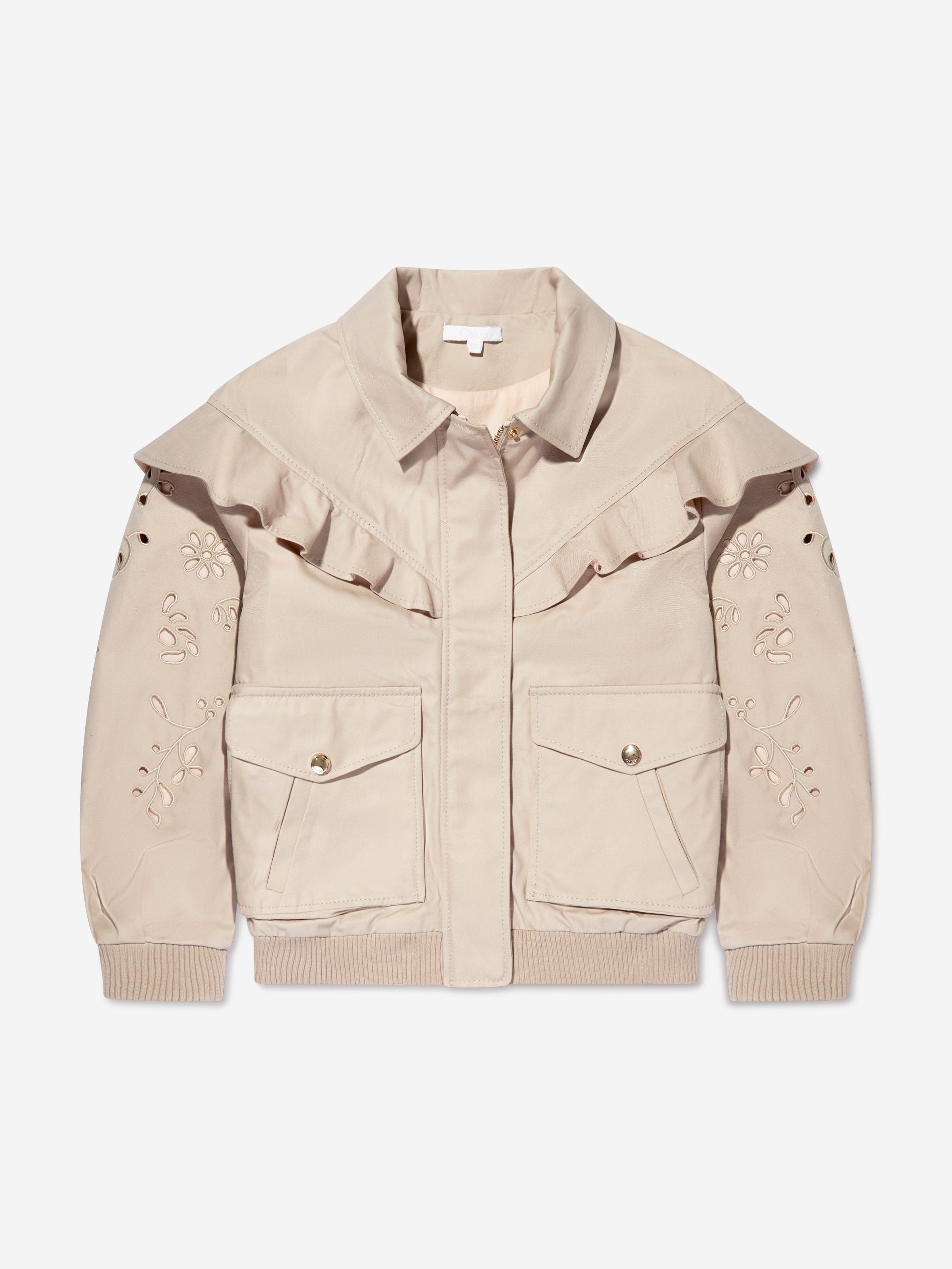 Chloé Girls Boderie Anglaise Ruffle Jacket in Beige