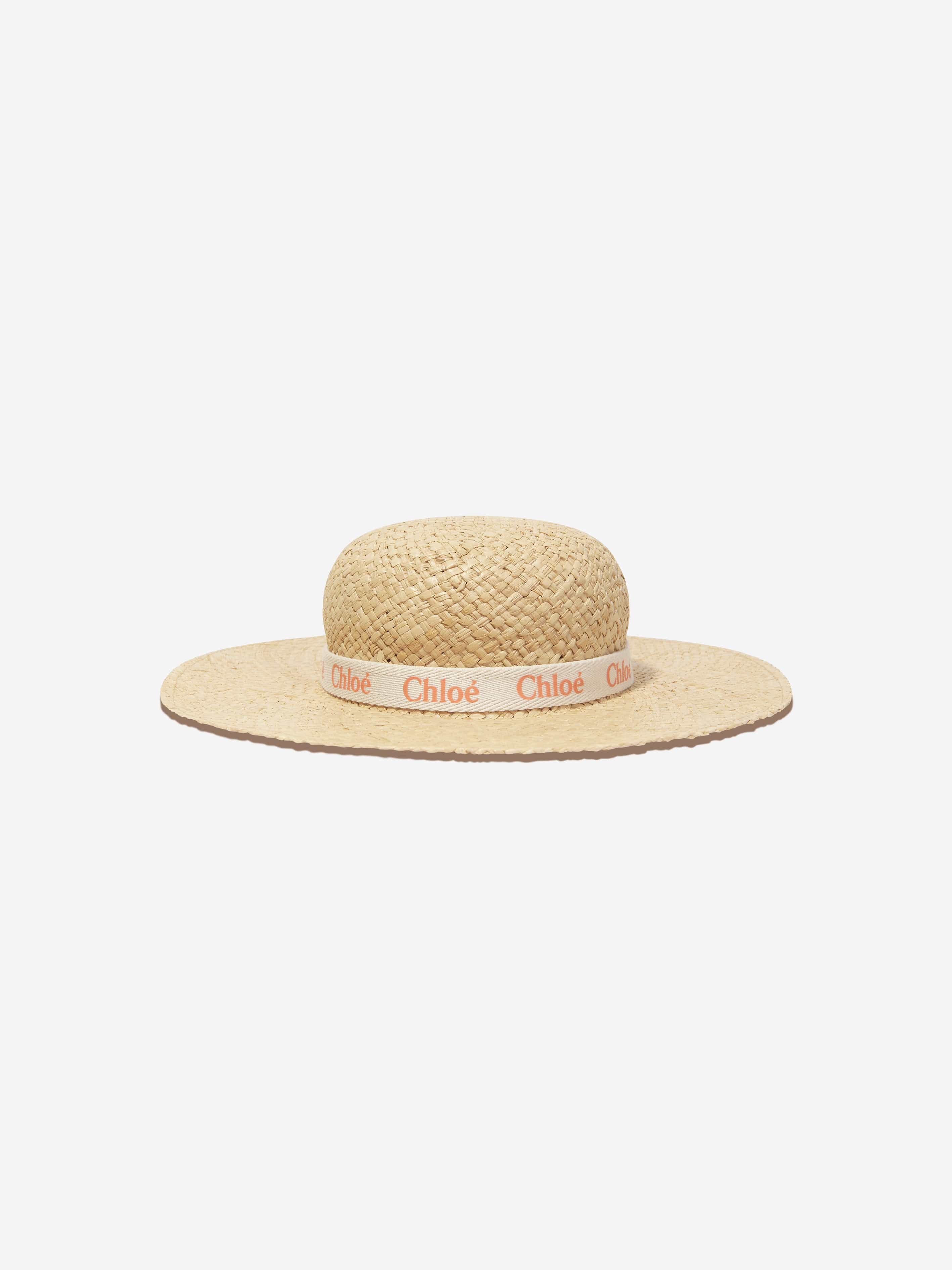 Chloé Girls Straw Logo Hat in Beige