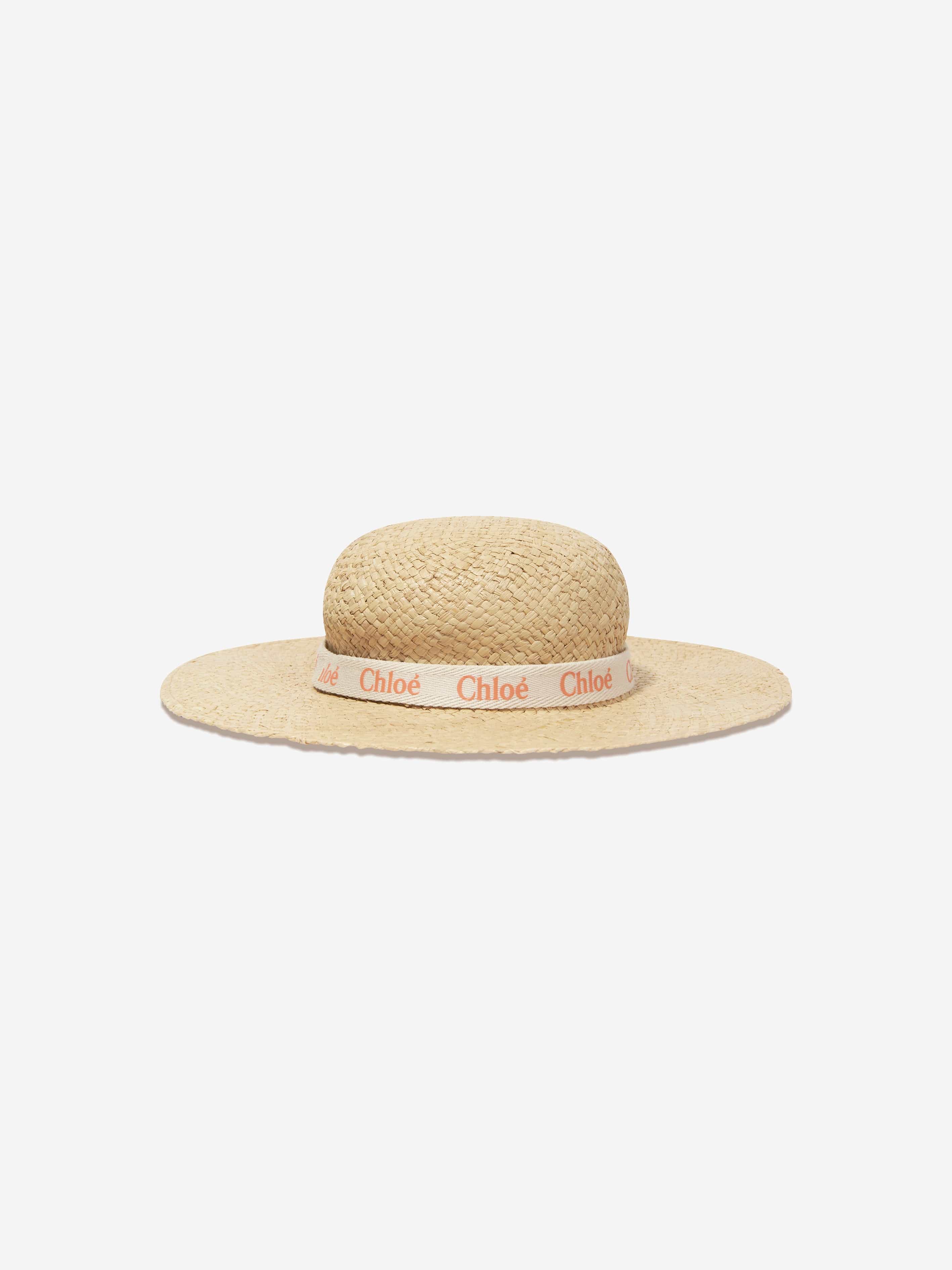 Chloé Girls Straw Logo Hat in Beige