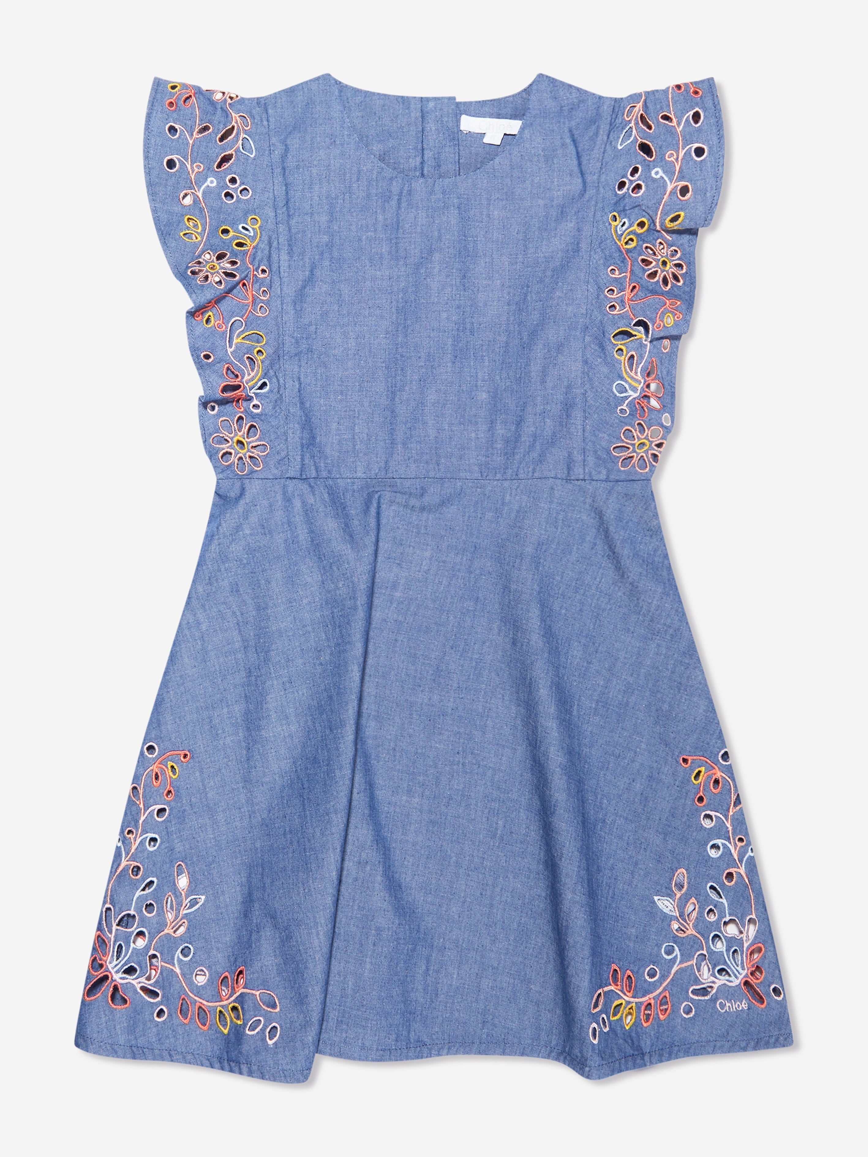 Chloé Girls Embroidered Chambray Dress in Blue