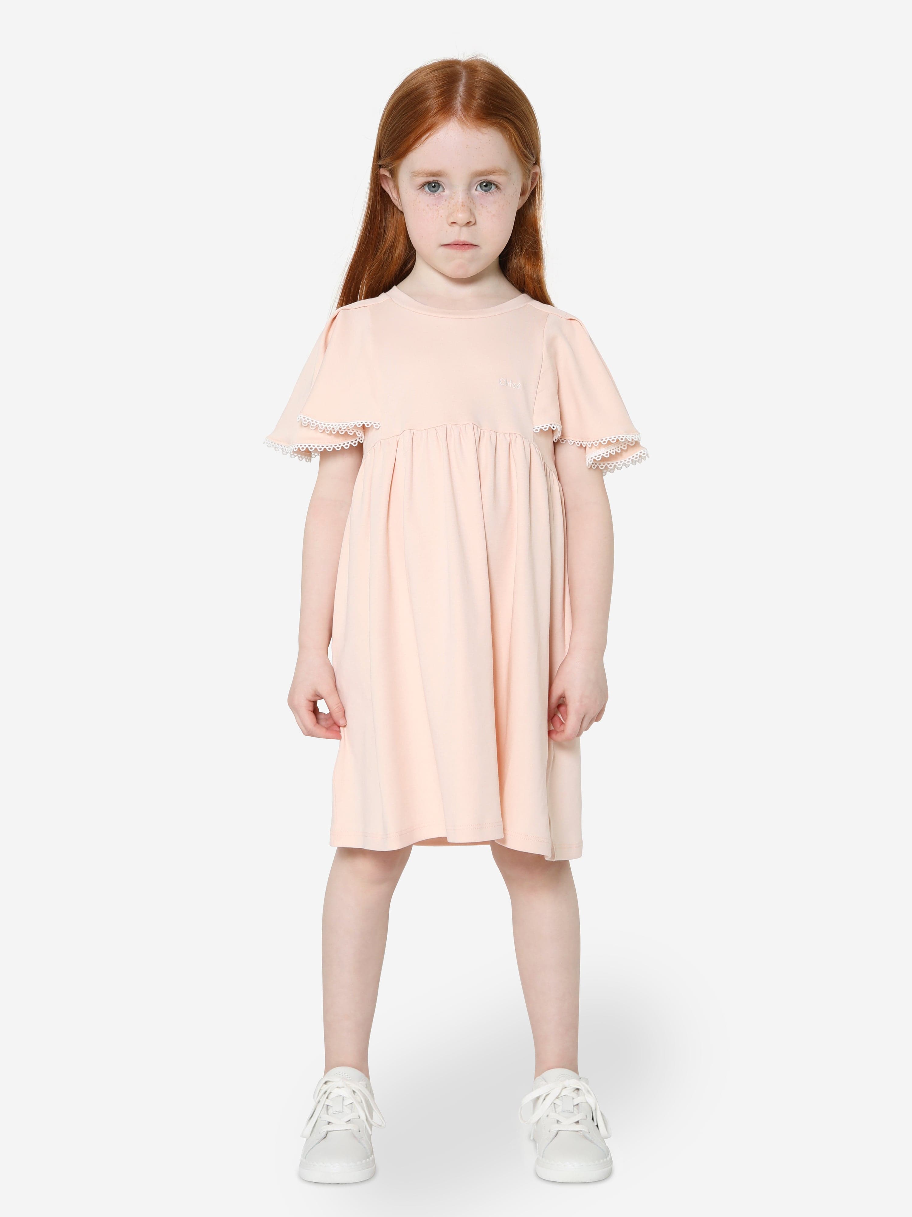 Chloé Girls Organic Cotton Flutter Sleeve Dress in Pink