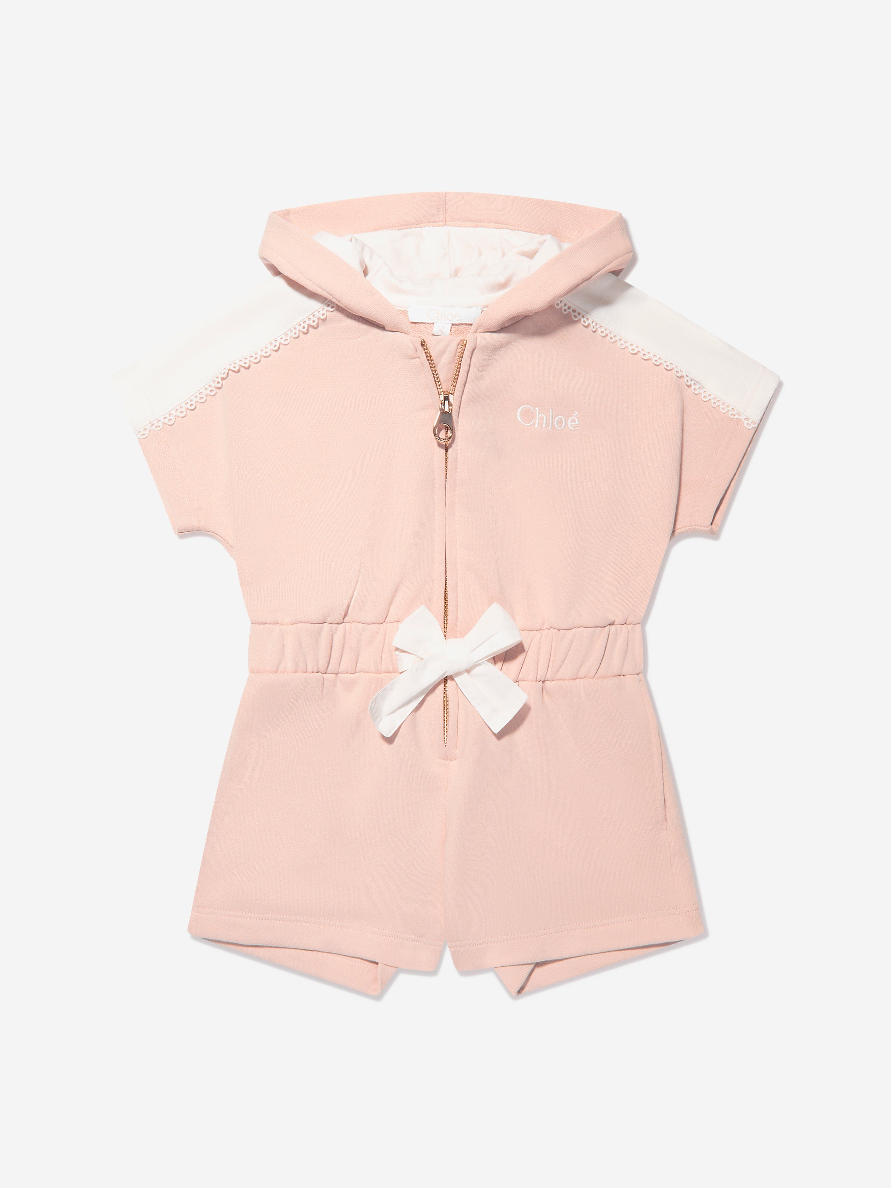 Chloé Girls Organic Cotton Hooded Playsuit in Pink