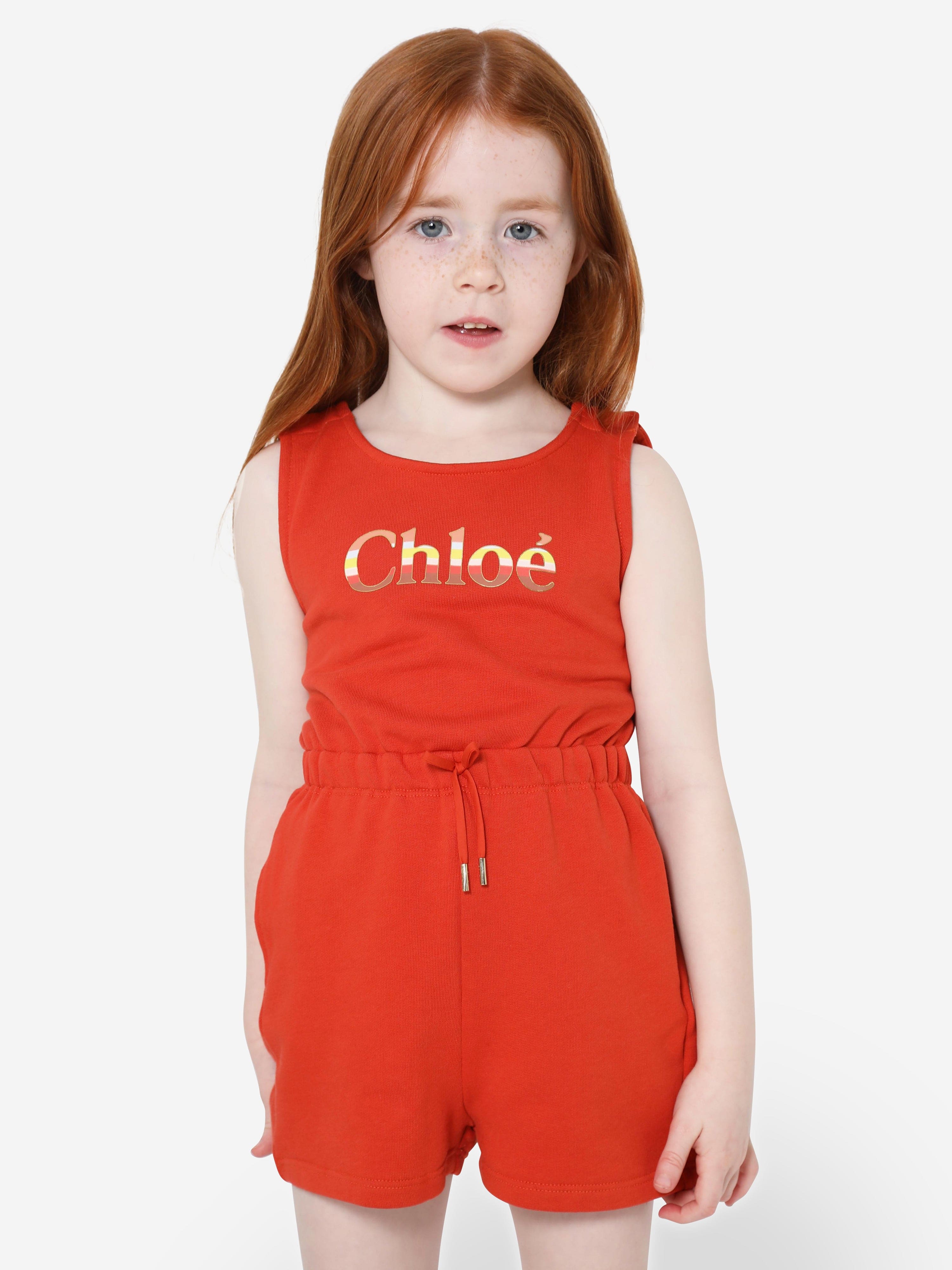 Chloé Girls Organic Cotton Sleeveless Playsuit in Orange