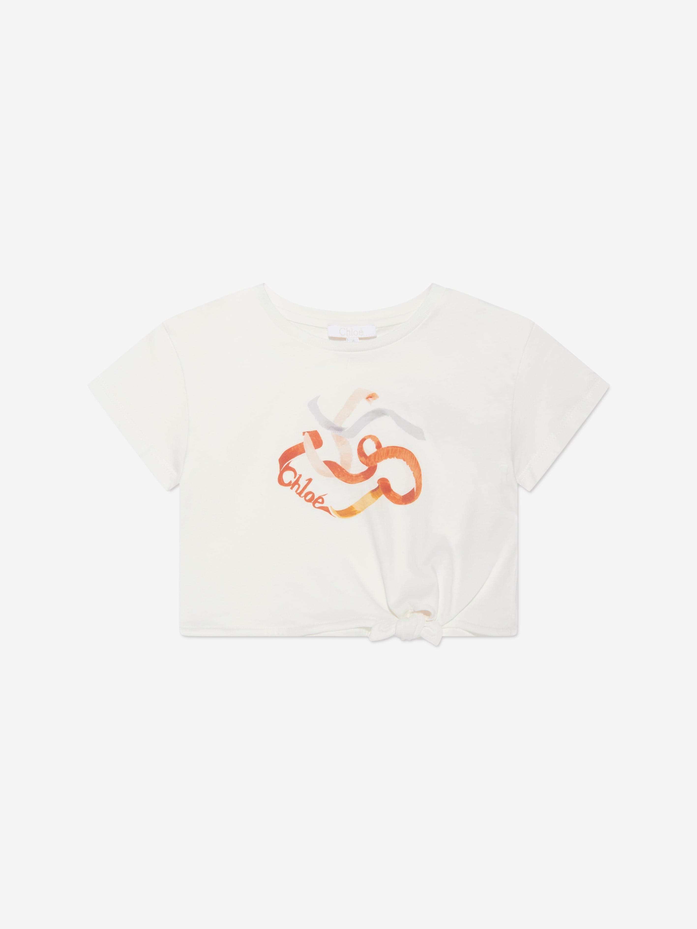 Chloé Girls Organic Cotton Ribbon Print T-Shirt in Ivory