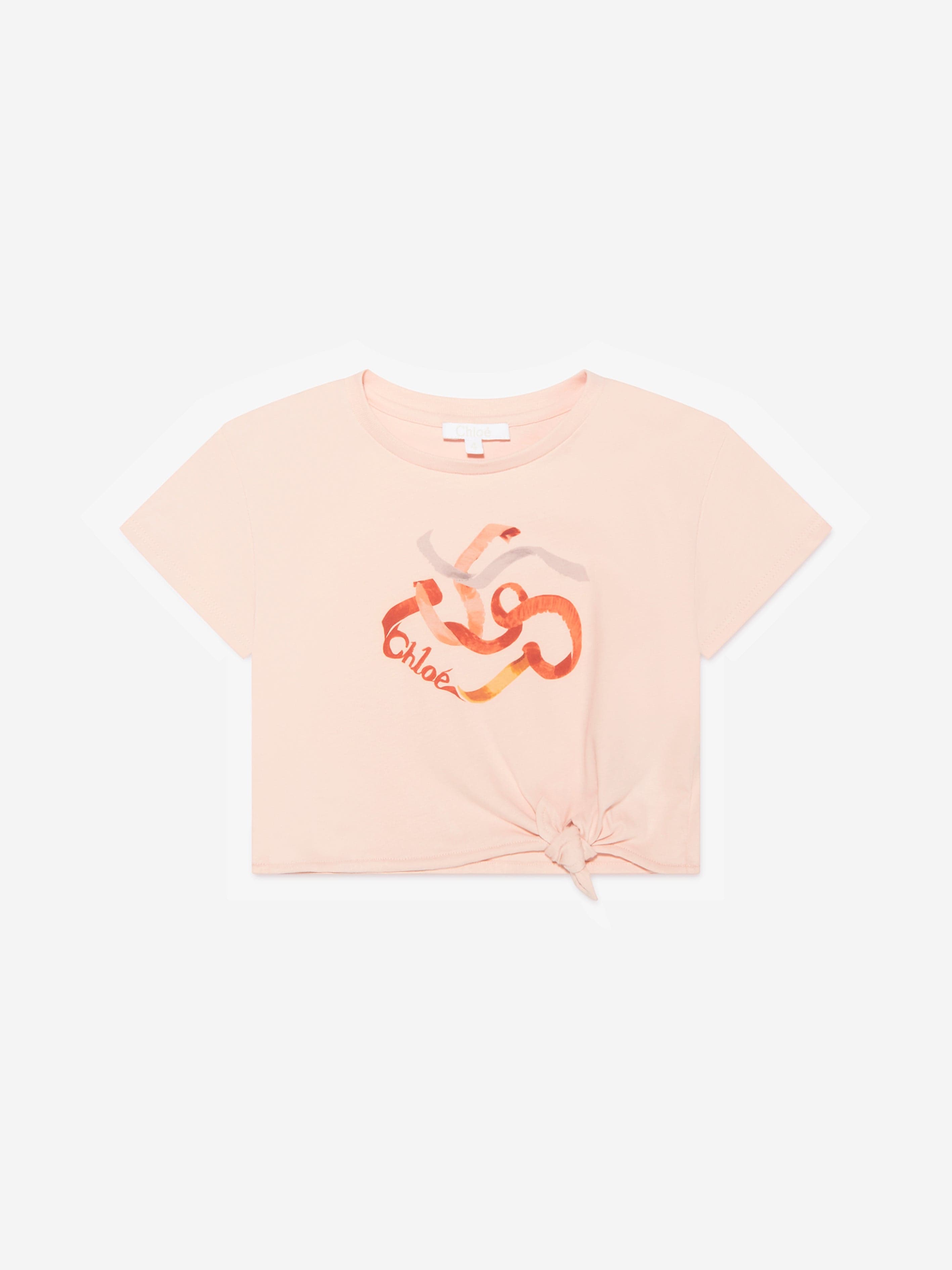 Chloé Girls Organic Cotton Ribbon Print T-Shirt in Pink