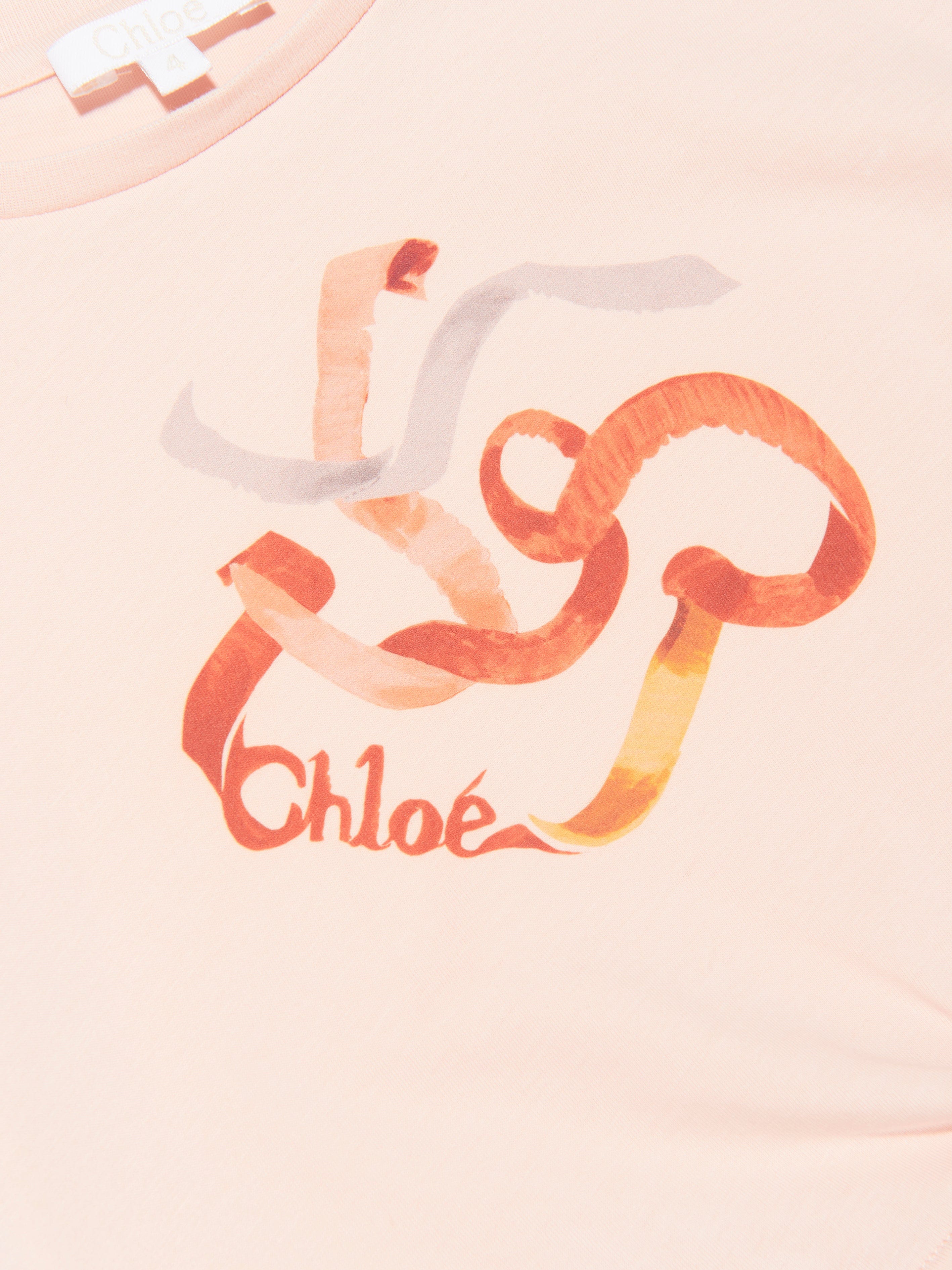 Chloé Girls Organic Cotton Ribbon Print T-Shirt in Pink