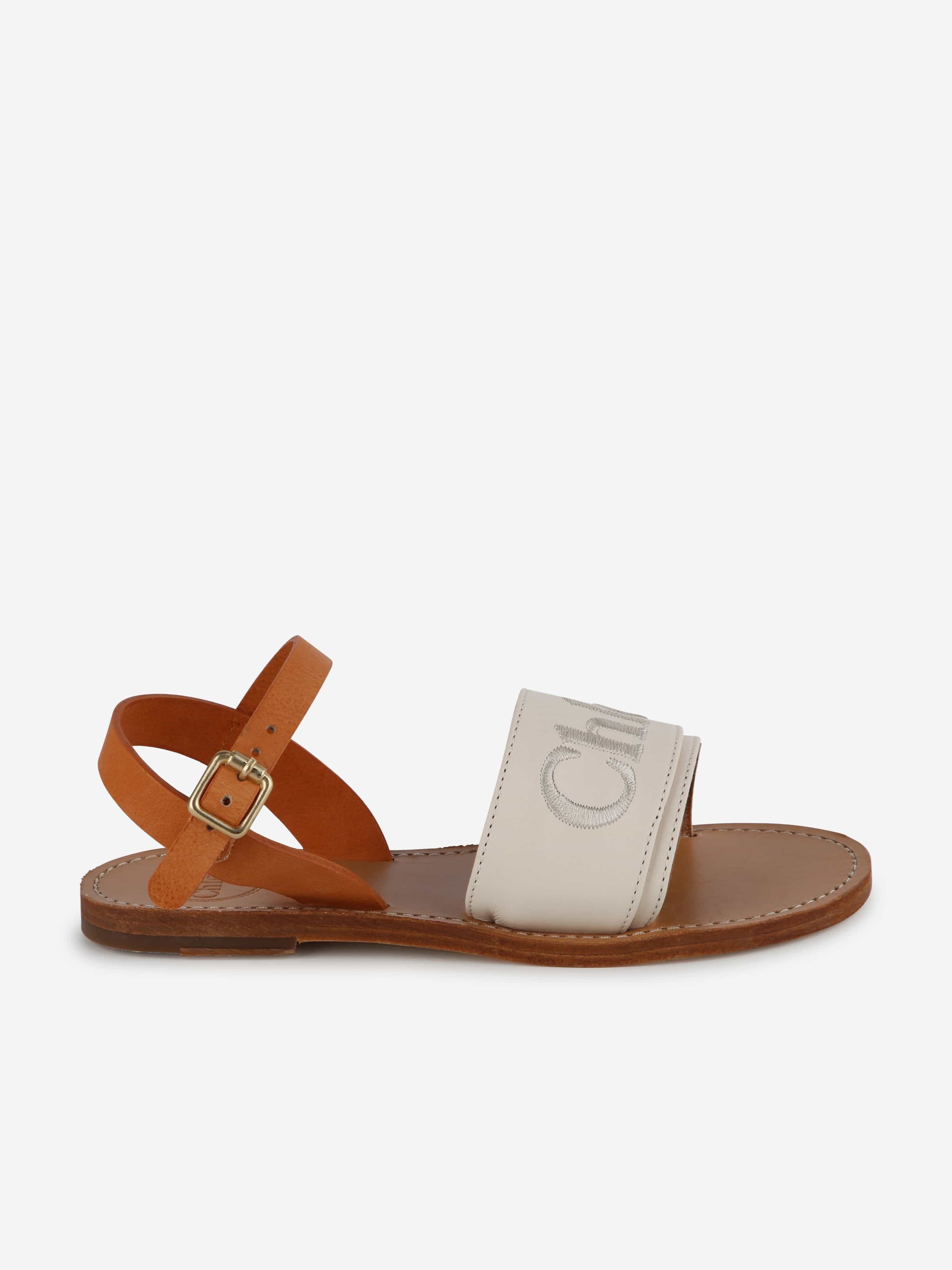 Chloé Girls Leather Logo Sandals in Ivory