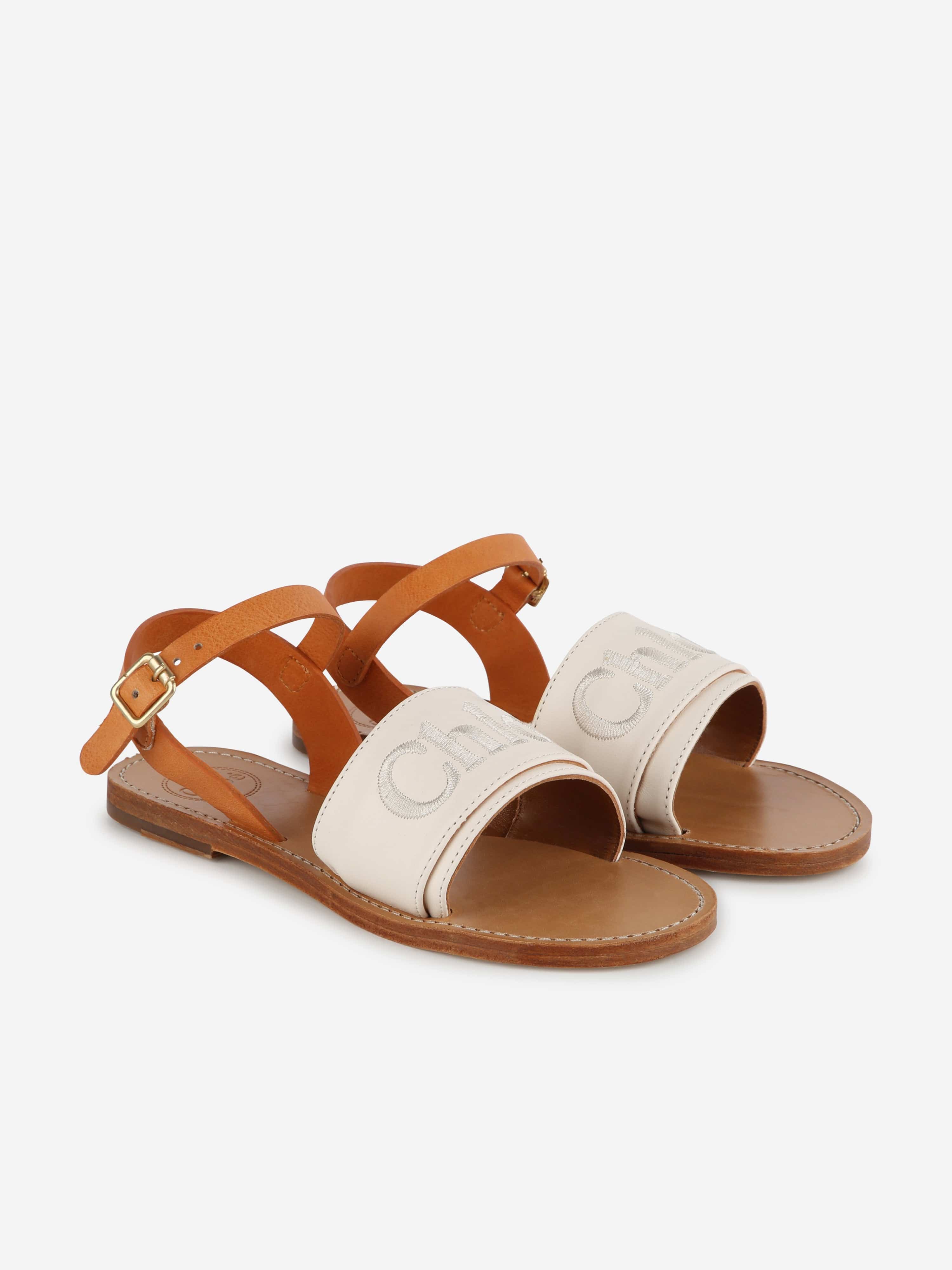 Chloé Girls Leather Logo Sandals in Ivory