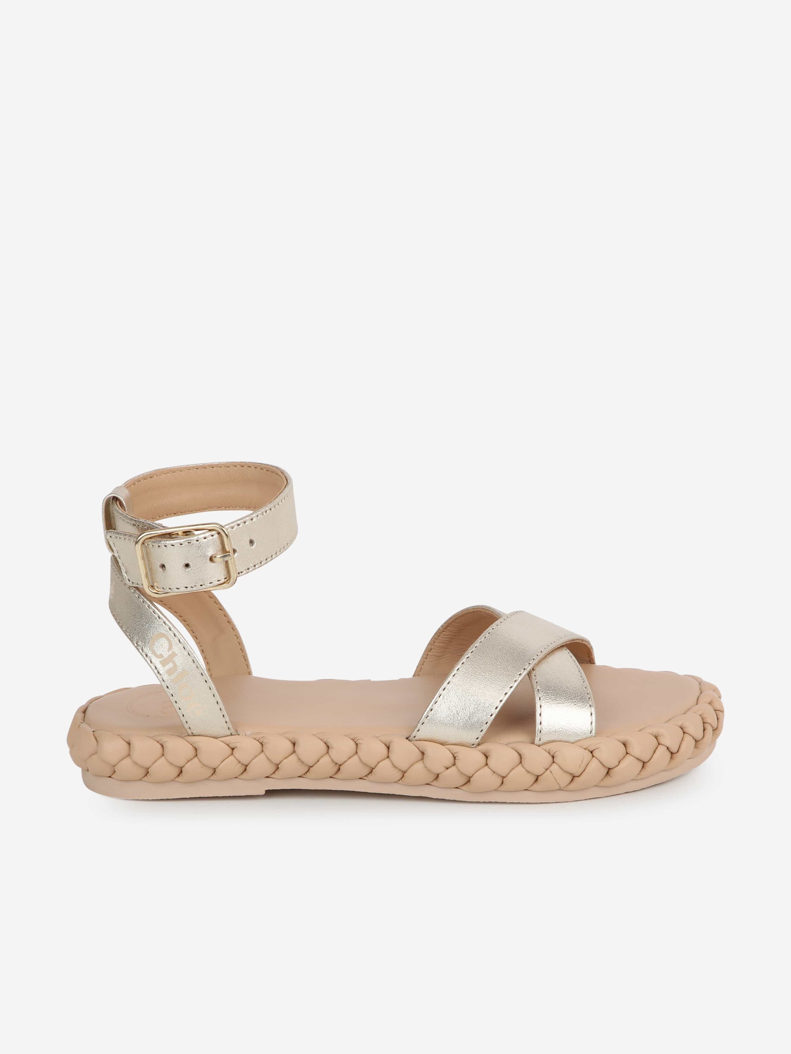 Chloé Girls Leather Strappy Sandals in Gold