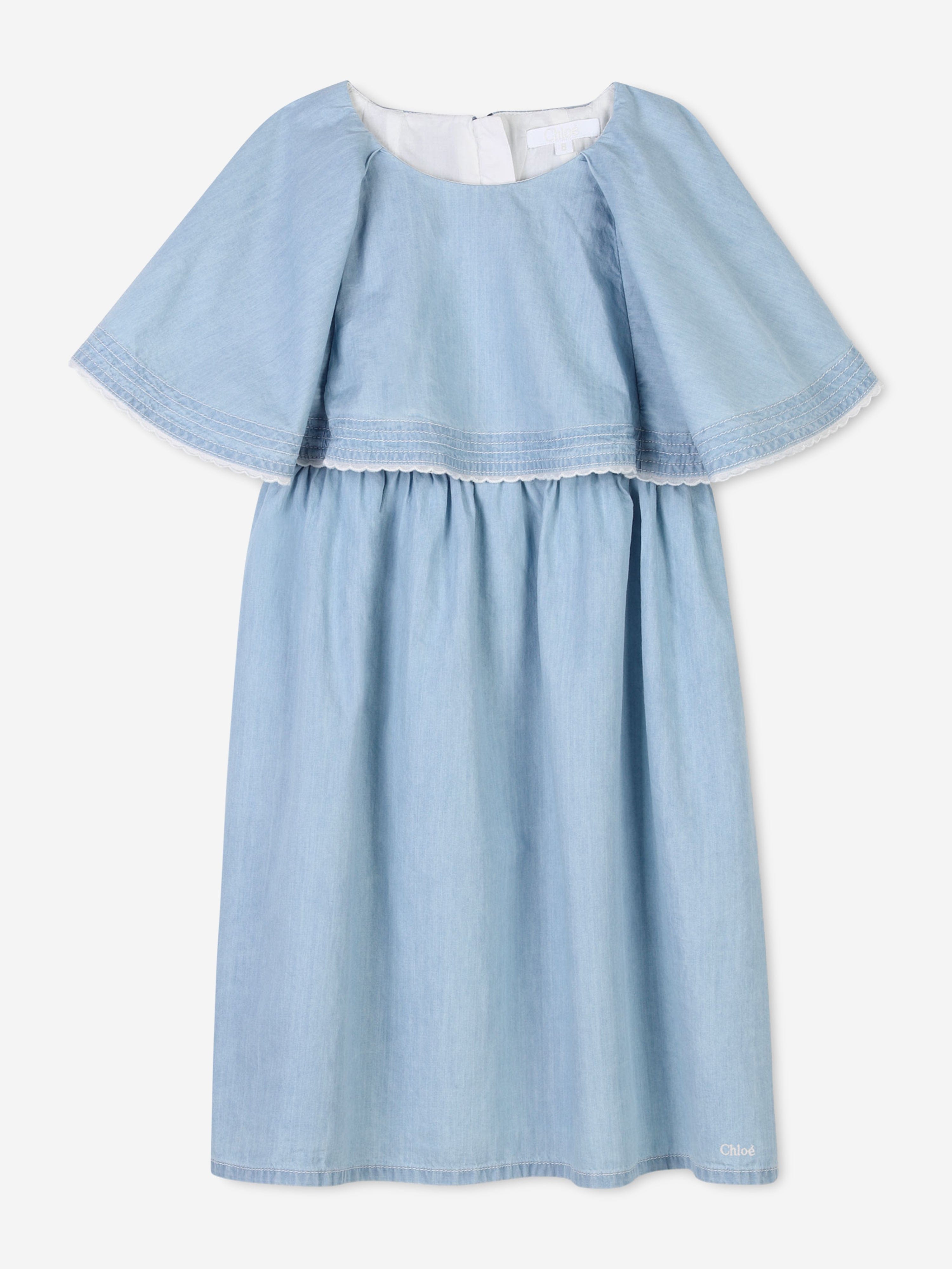 Chloé Girls Ruffled Lightweight Denim Dress in Blue