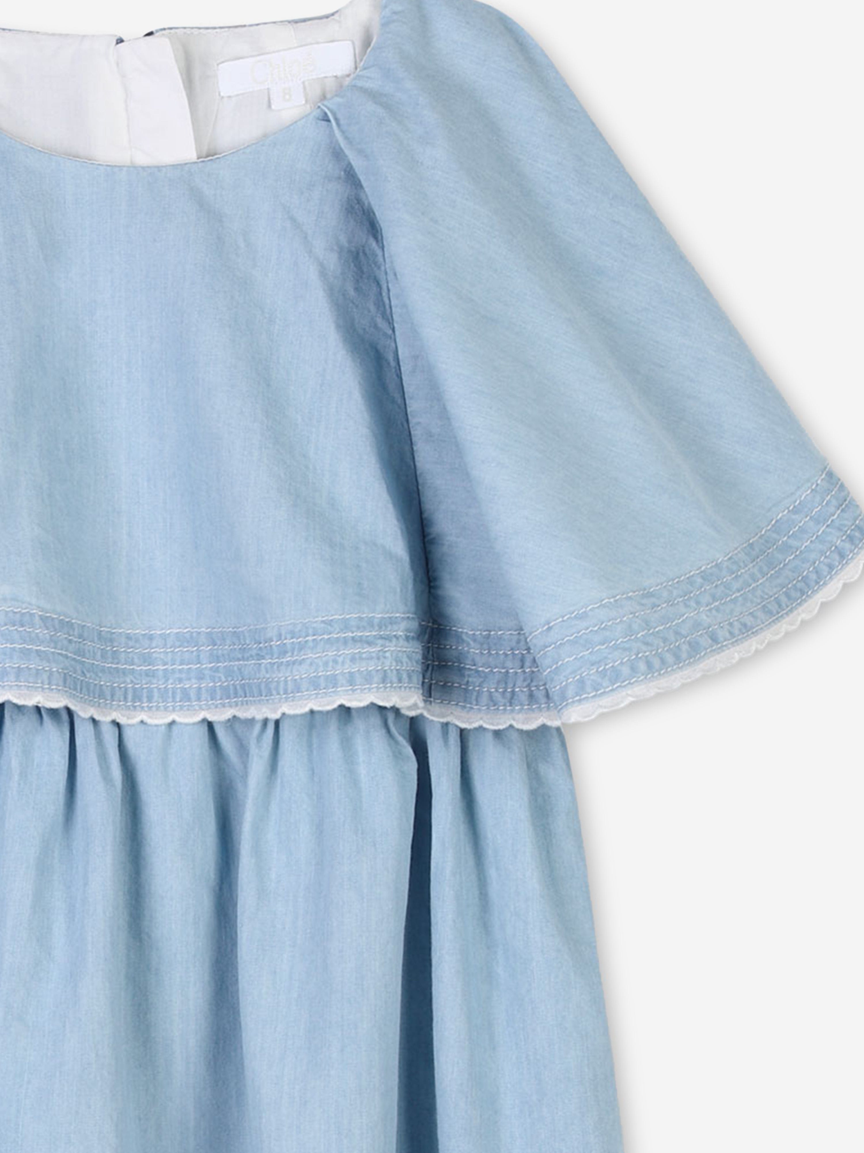Chloé Girls Ruffled Lightweight Denim Dress in Blue