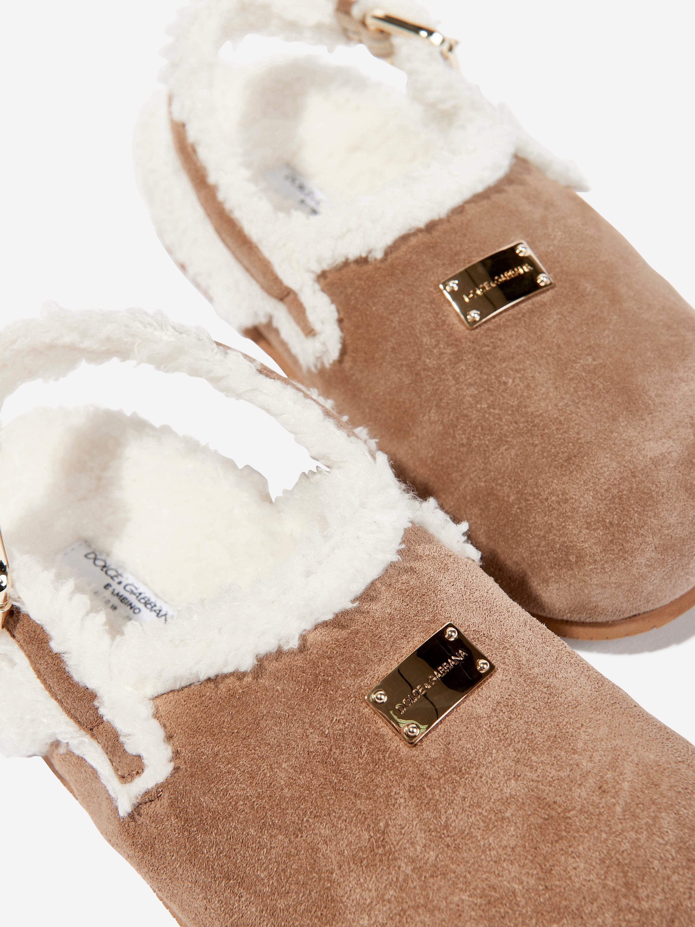 Dolce & Gabbana Kids Shearling Slippers in Brown