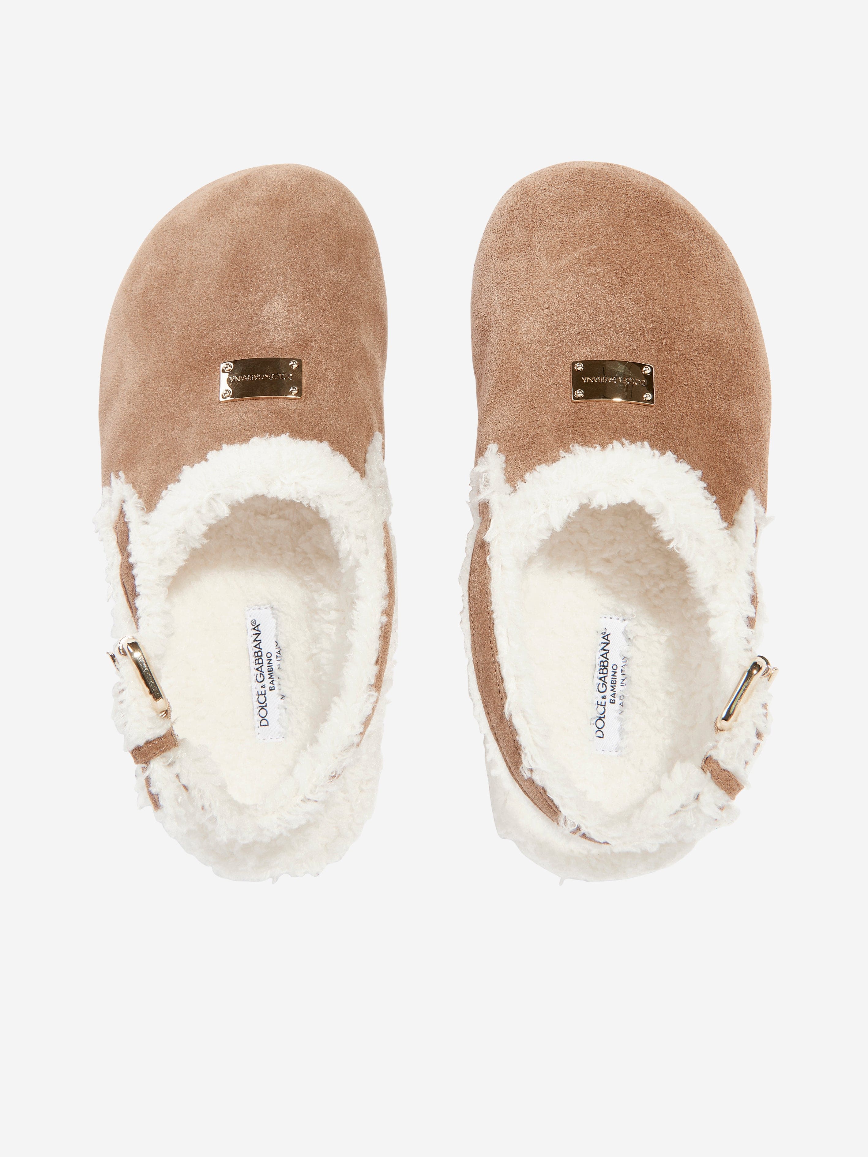 Dolce & Gabbana Kids Shearling Slippers in Brown