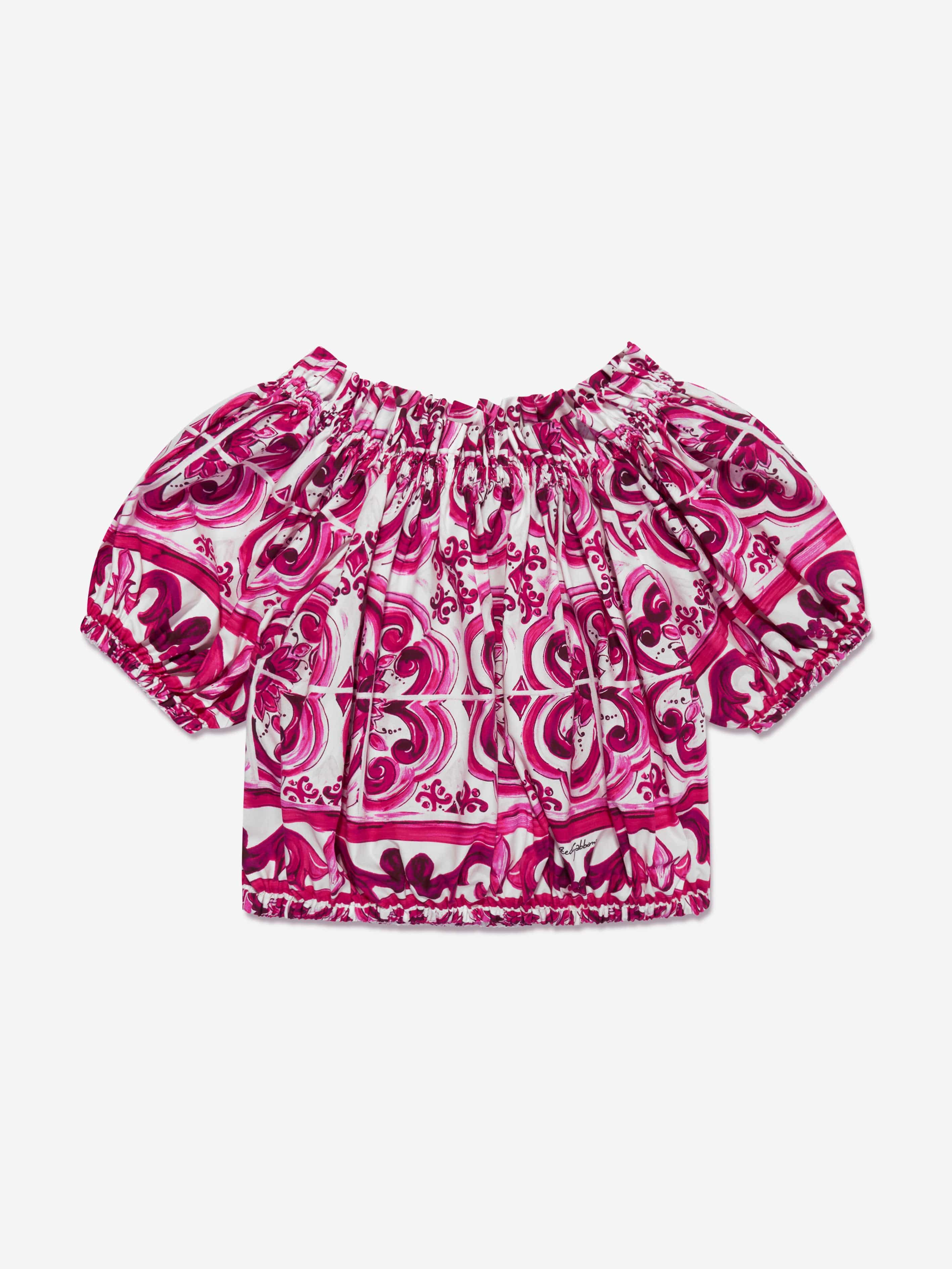 Dolce & Gabbana Girls Majolica Cropped Blouse in Pink