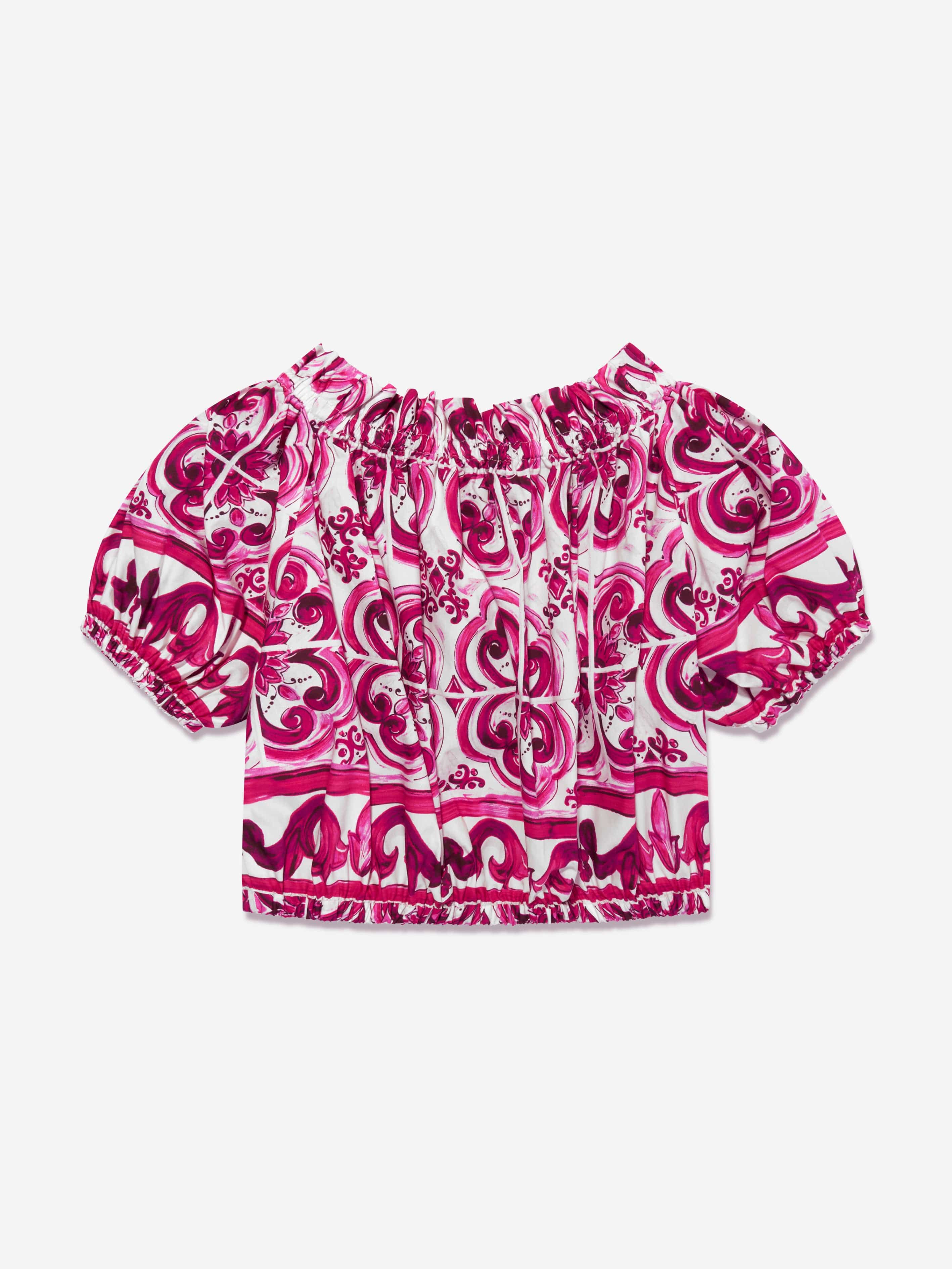 Dolce & Gabbana Girls Majolica Cropped Blouse in Pink