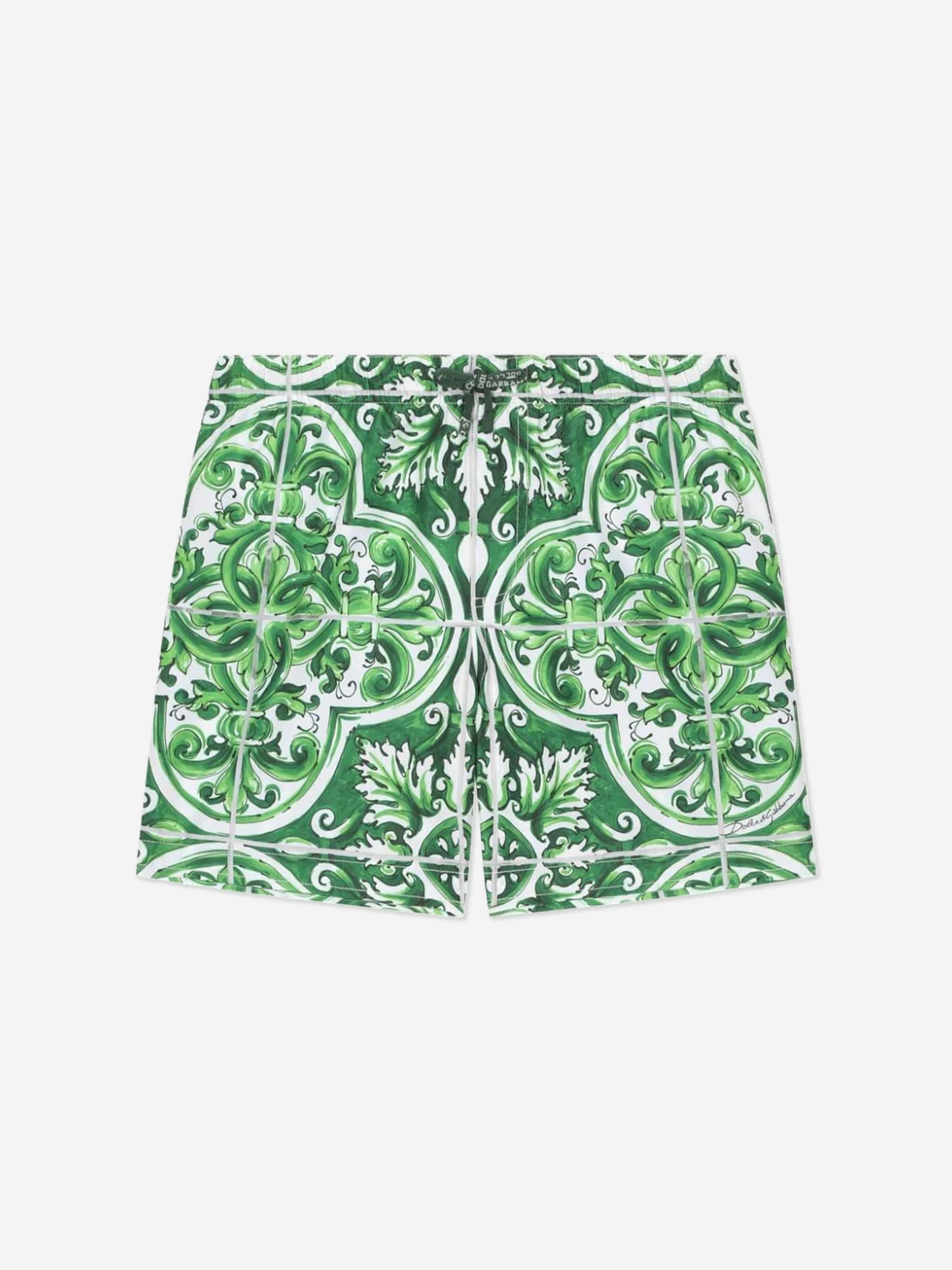 Dolce & Gabbana Boys Maiolica Print Swim Shorts in Green