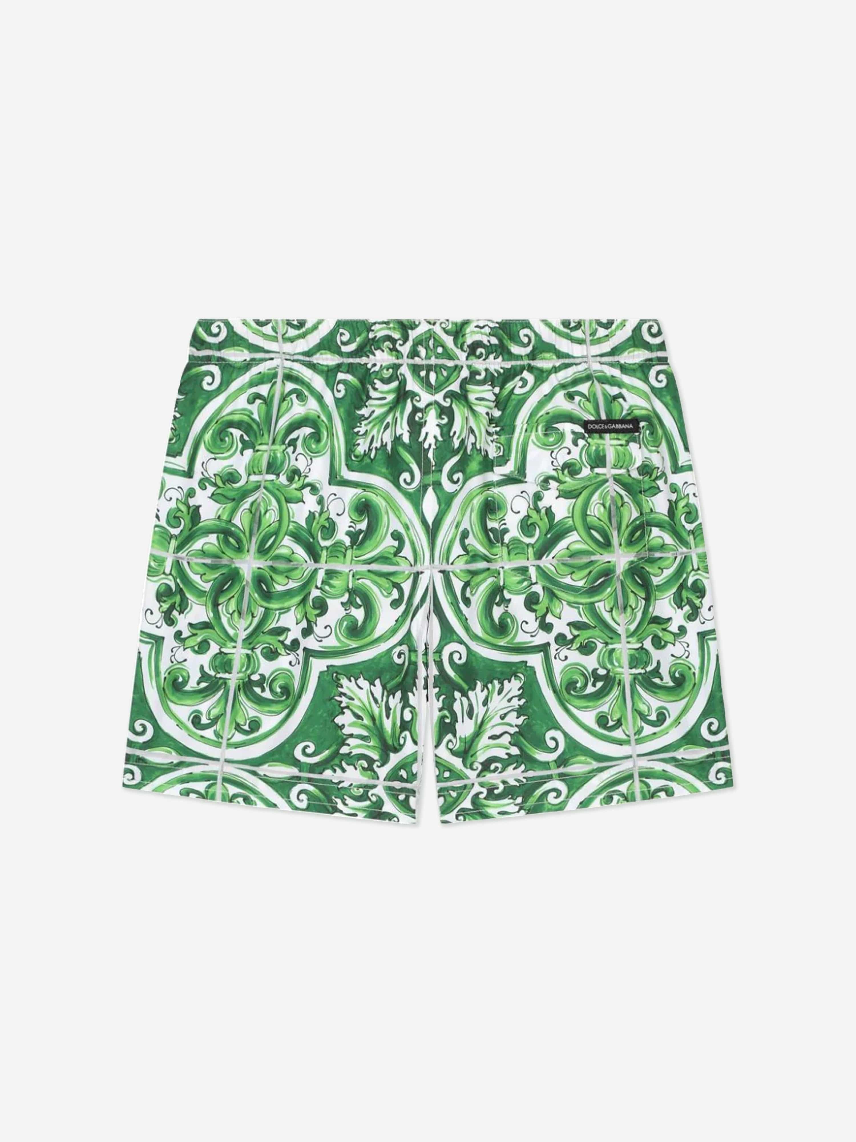 Dolce & Gabbana Boys Maiolica Print Swim Shorts in Green