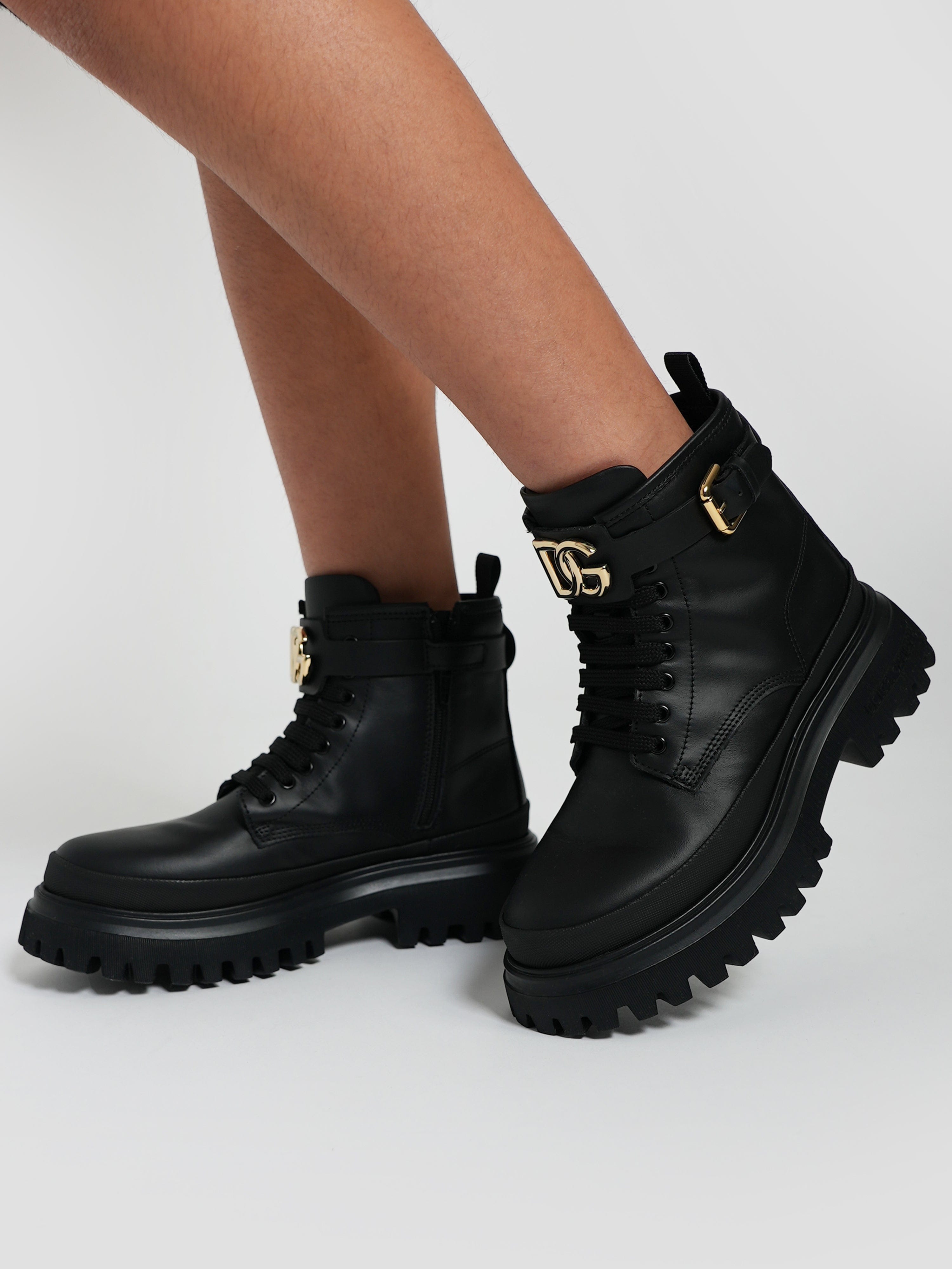 Dolce & Gabbana Girls Leather Combat Boots in Black