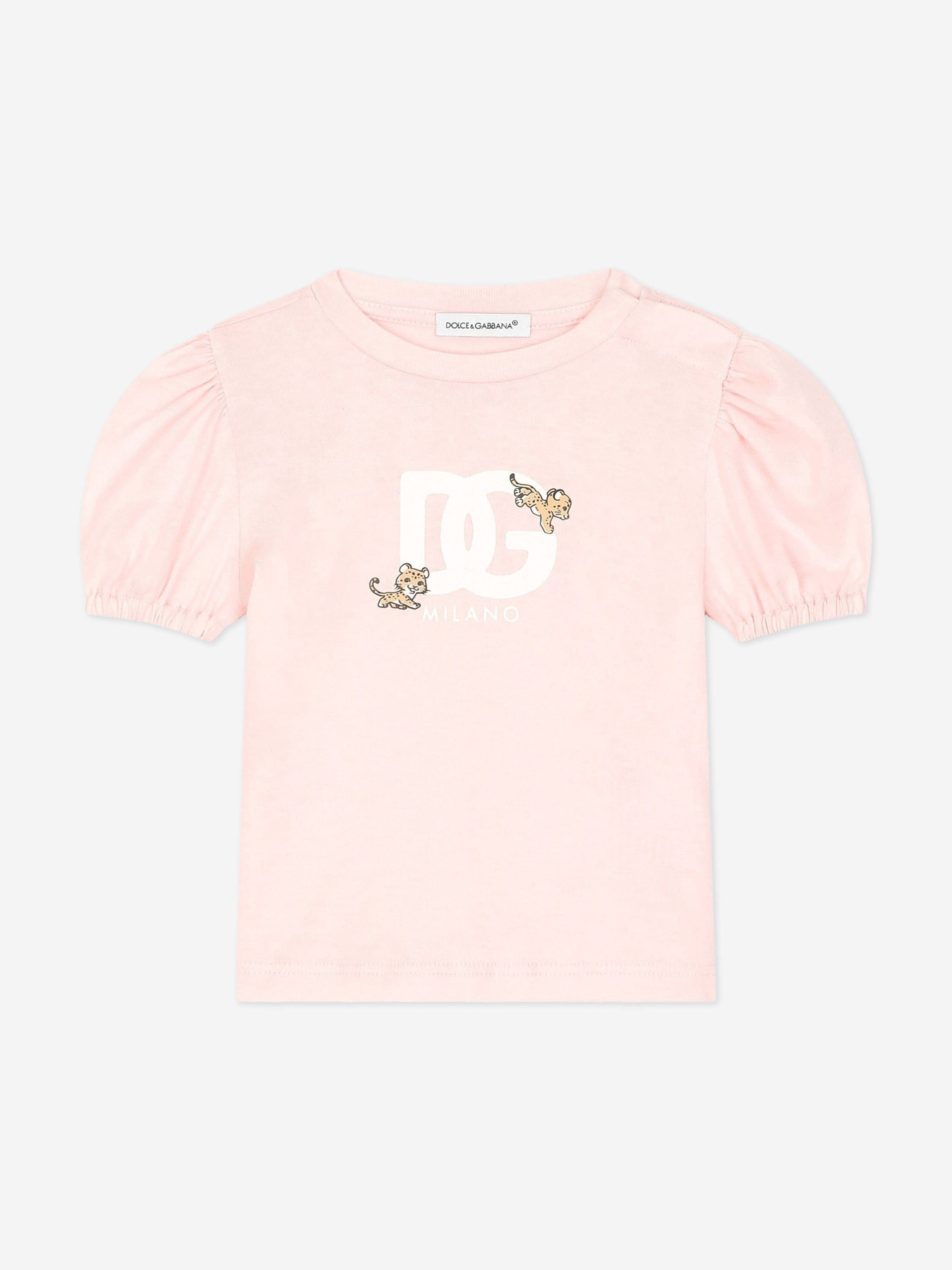 Dolce & Gabbana Baby Girls Leopard Logo T-Shirt in Pink