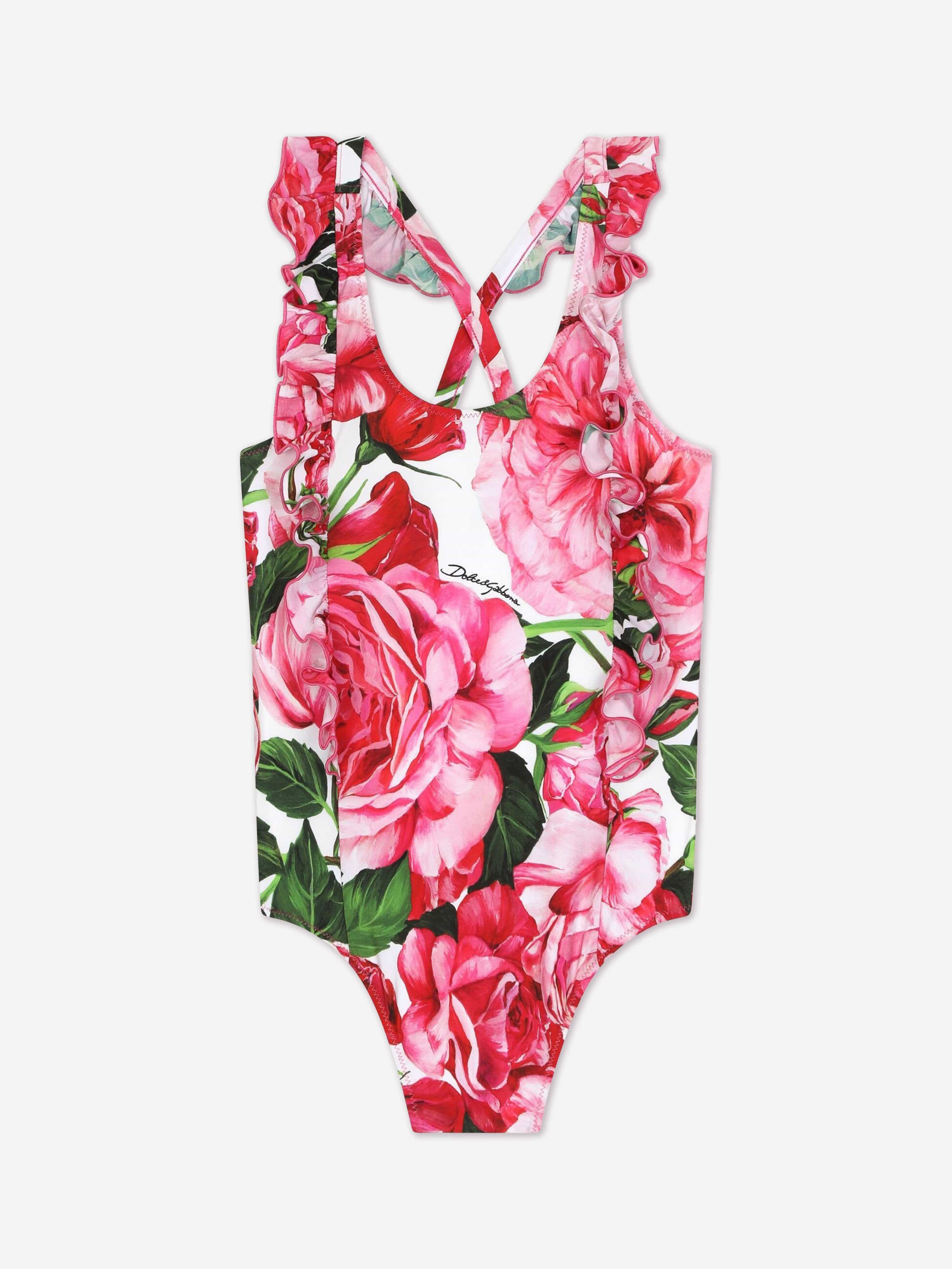 Dolce & Gabbana Girls Rose Print Swimsuit in Pink