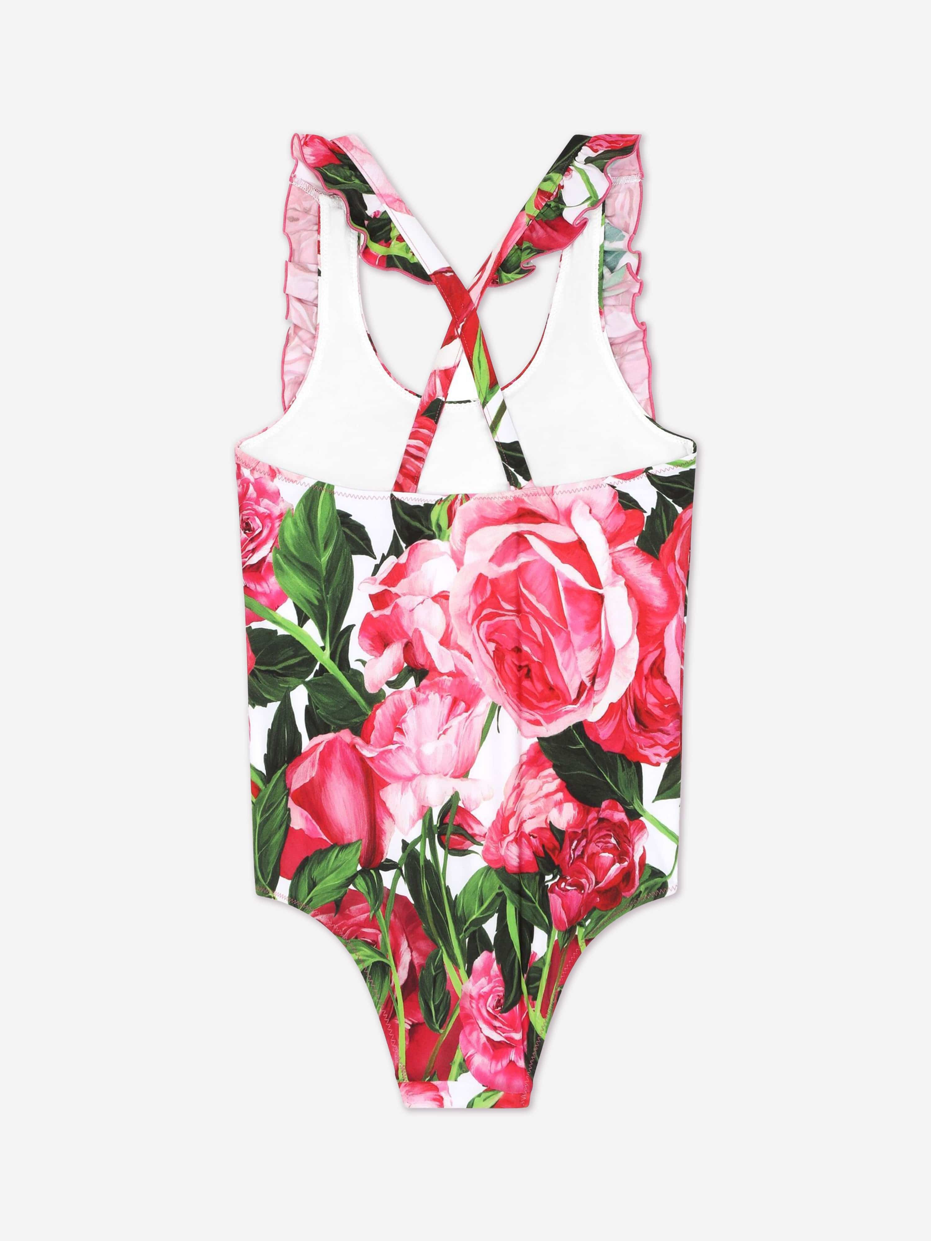 Dolce & Gabbana Girls Rose Print Swimsuit in Pink