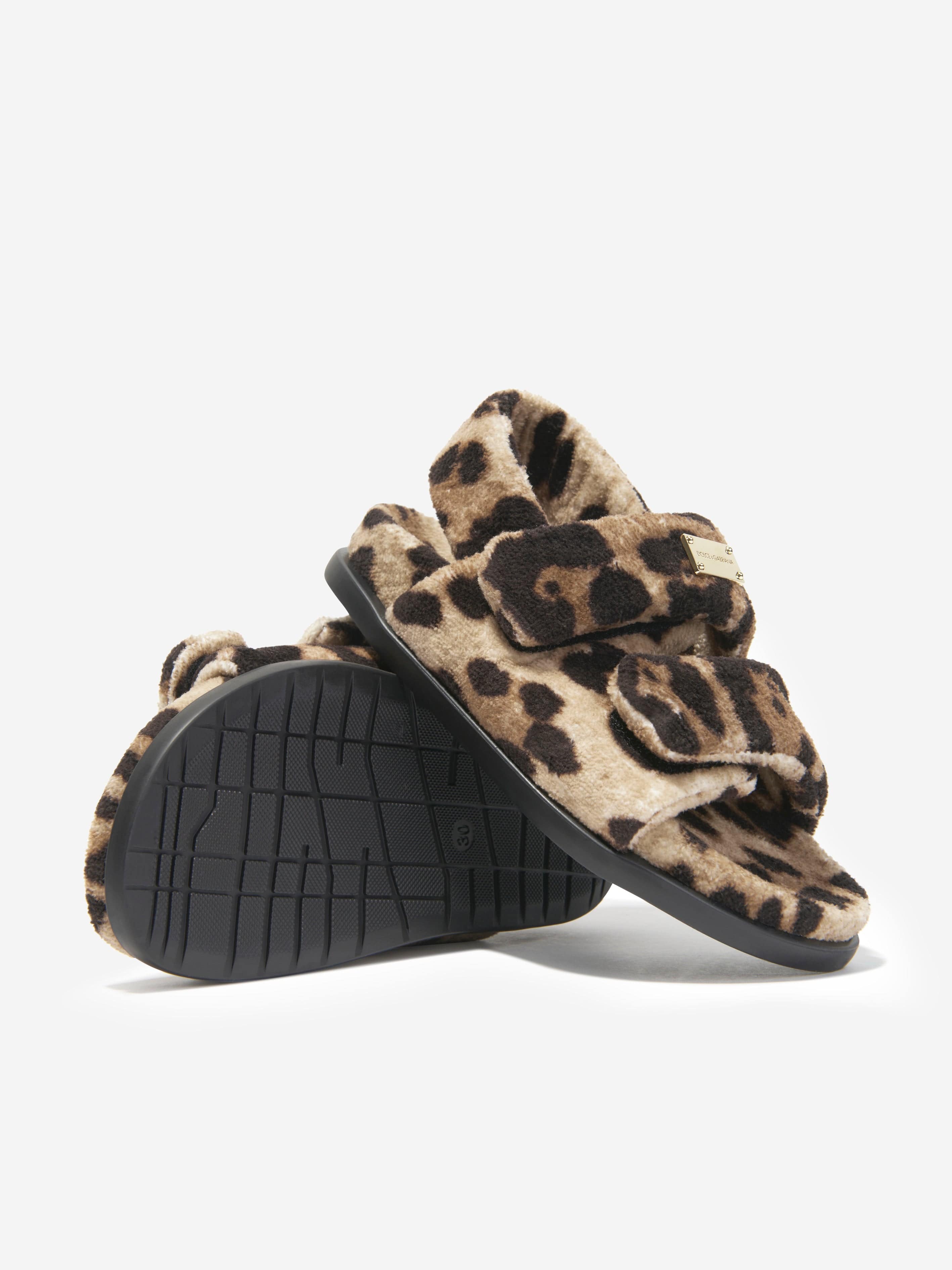 Dolce & Gabbana Girls Leopard Print Fluffy Sandals in Beige