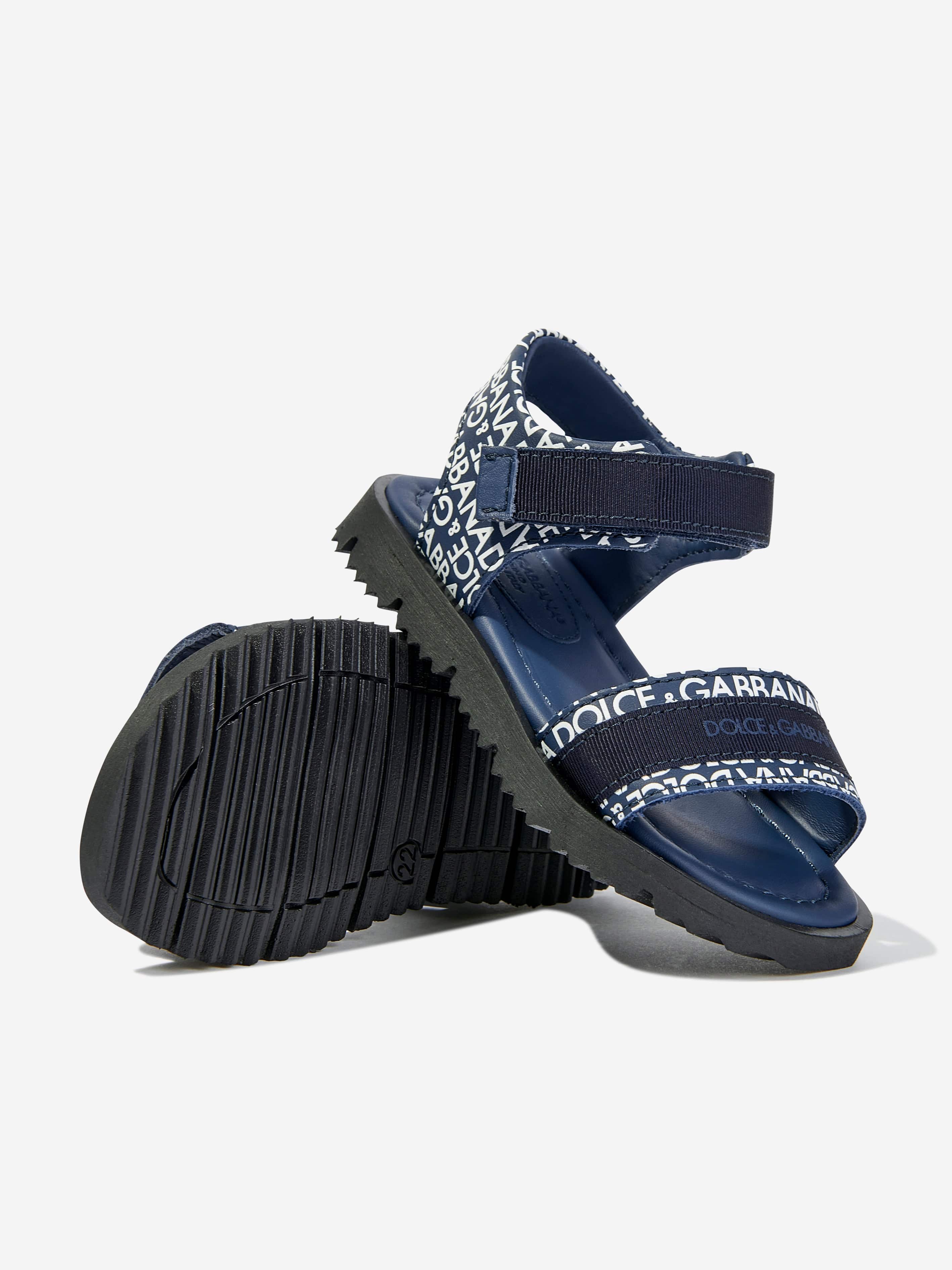 Dolce & Gabbana Boys Leather Logo Sandals in Navy