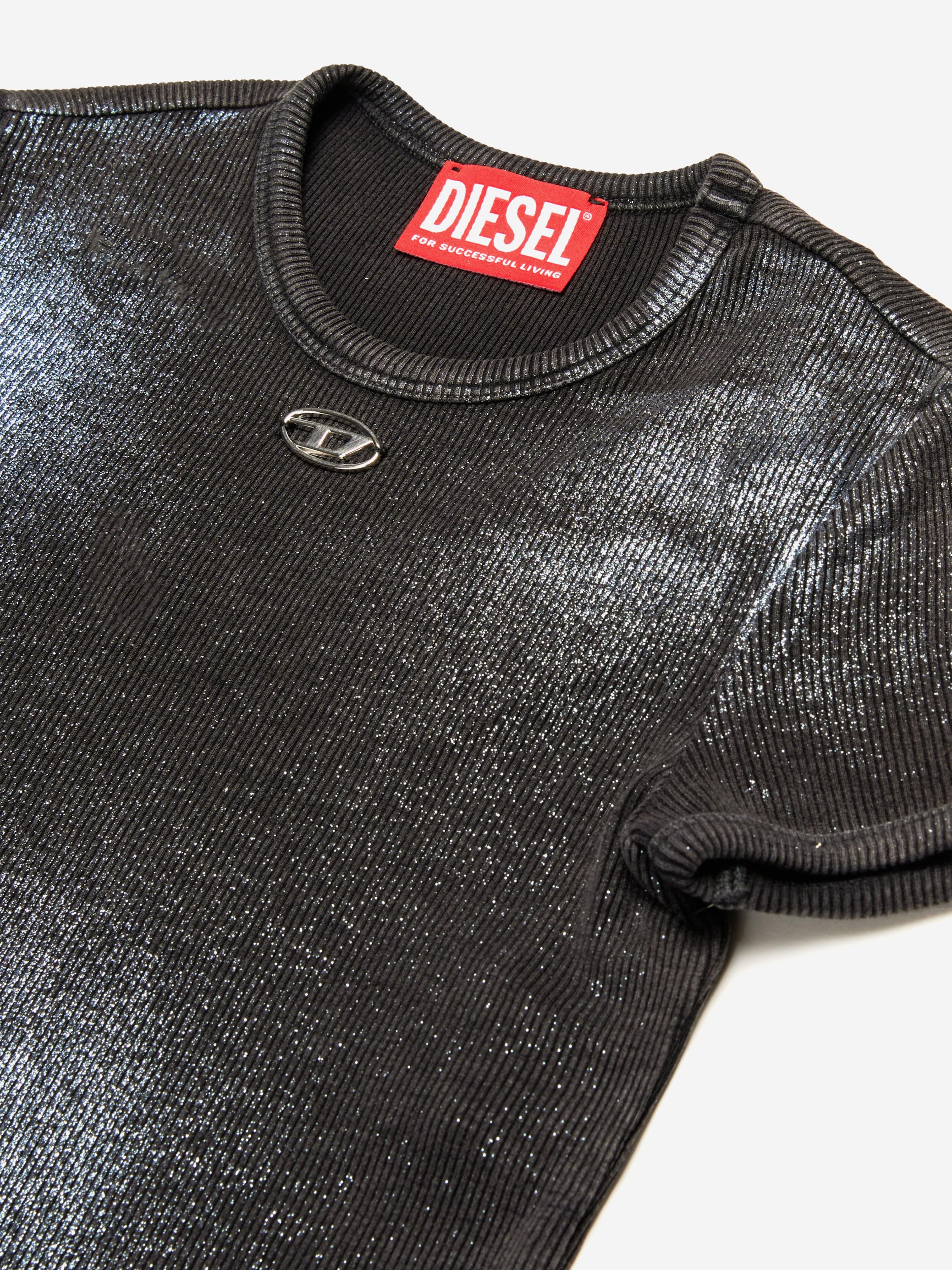 Diesel Girls Metallic Shimmer Oval D T-Shirt in Black